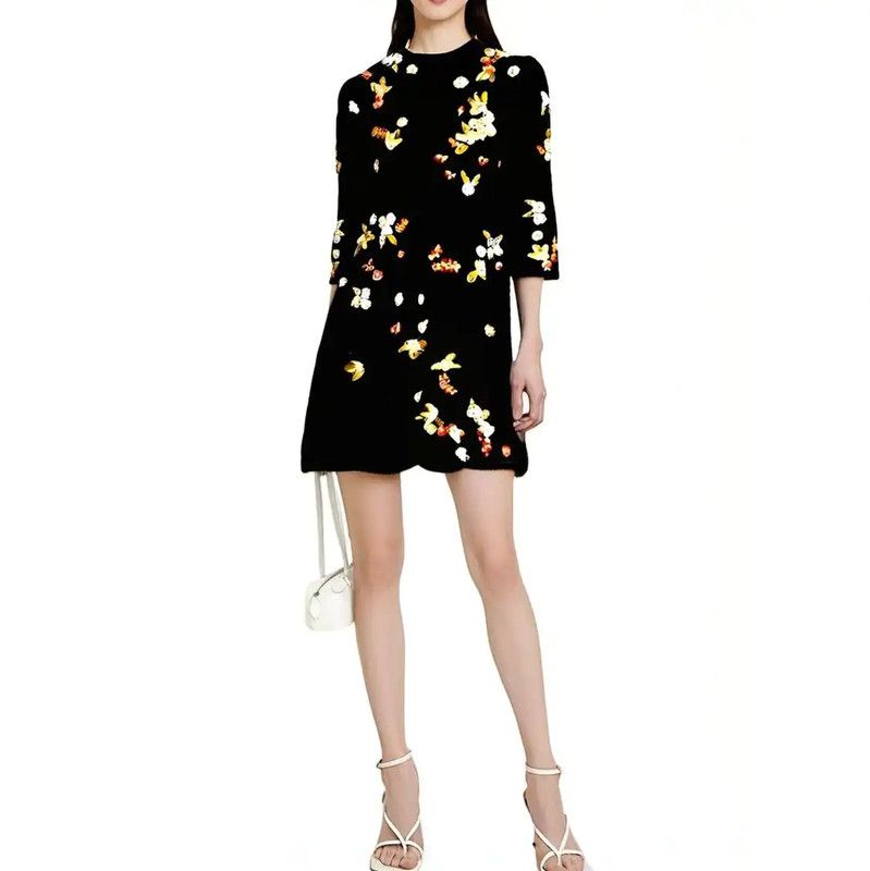 Dior Dior Black Wool Spring Dress with Floral Design 0089 Size M / US 6-8 / IT 42-44 - 1 Thumbnail