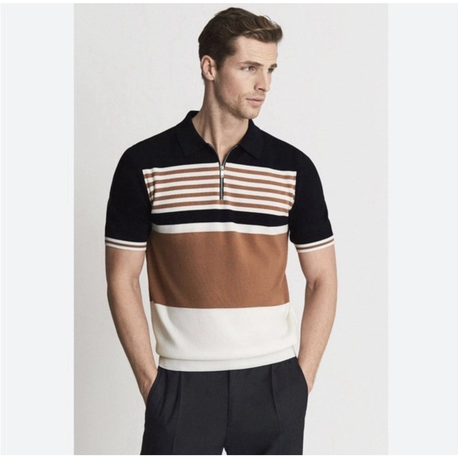 Reiss Reiss Captain Half Zip Stripe Knit Modal Polo Retro Mod Slim Size US S / EU 44-46 / 1 - 1 Thumbnail