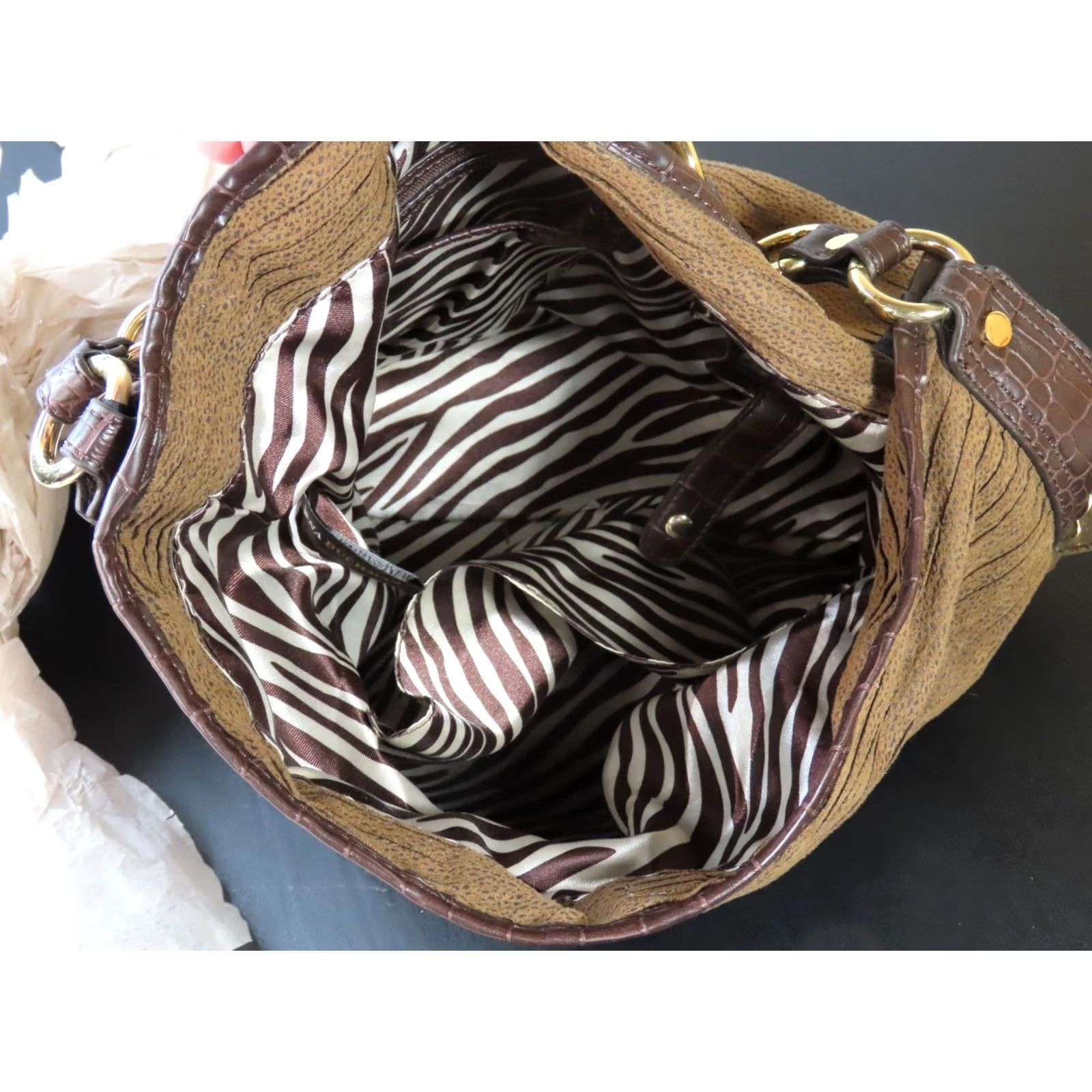 Vintage Dana Buchman Brown Ridged Cloth Handbag Satchel/Top Handle Bag 13"x6"x11" Women Medium Solid PU Magnetic Logo Bag Charm Vintage No Brown Size ONE SIZE - 5 Thumbnail