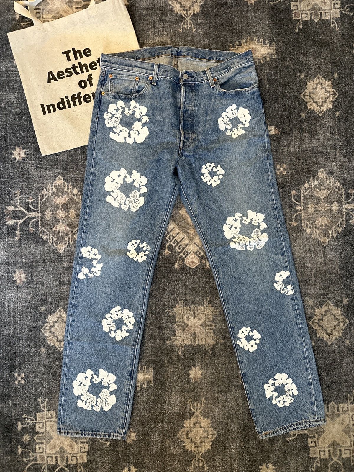 image of Denim Tears Flower Print Jeans in Blue, Men's (Size 36)