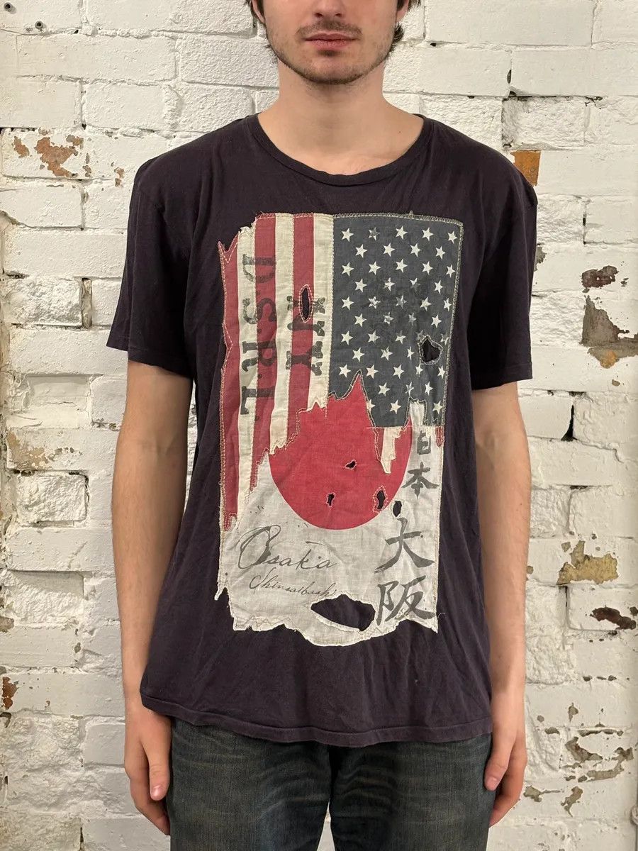 Polo Ralph Lauren 2000s Ralph Lauren Denim & Supply USA Japan Destroyed Flag Faded Black T-Shirt Size US M / EU 48-50 / 2 - 2 Thumbnail