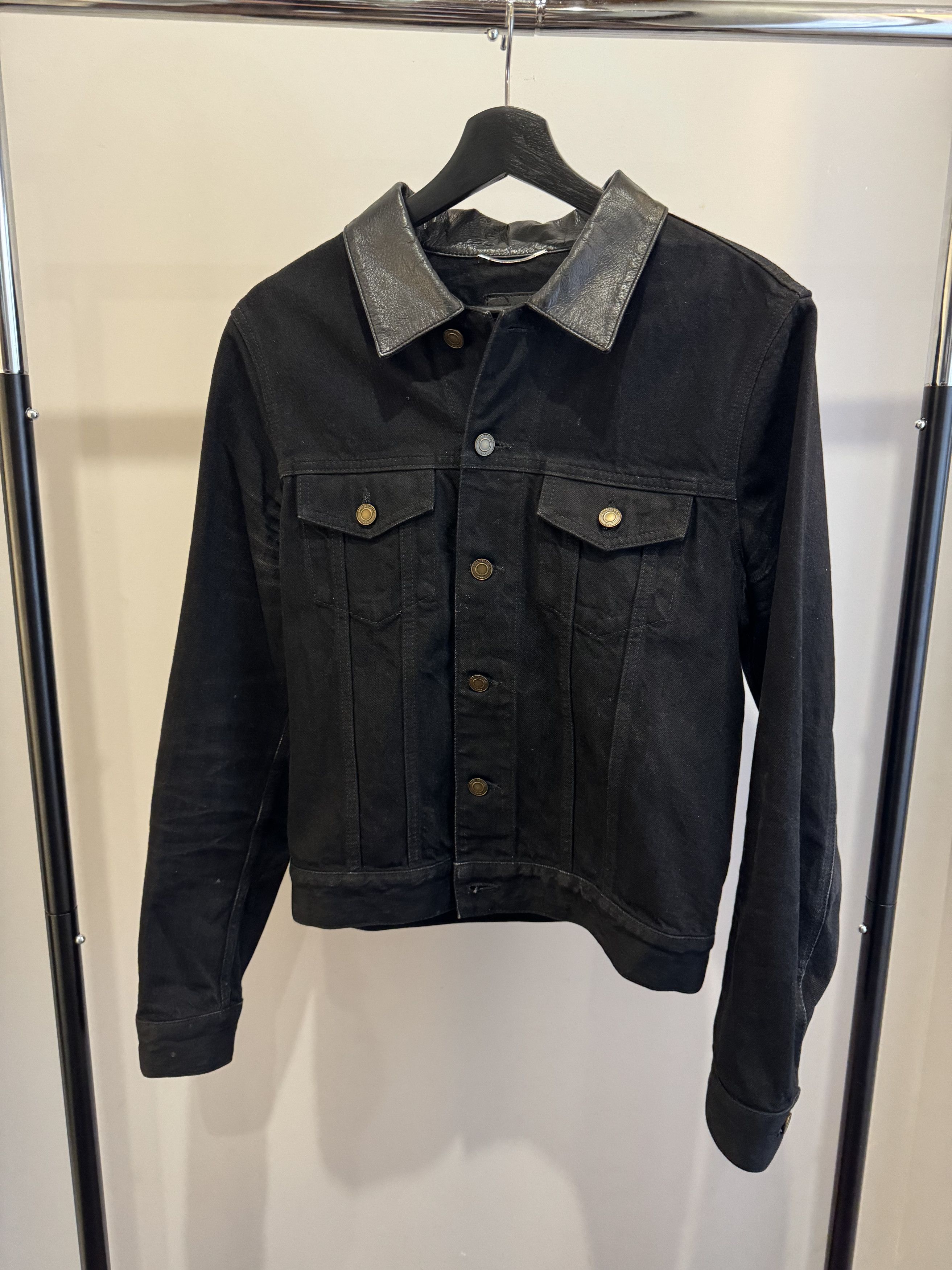 image of Saint Laurent Paris Black Denim And Lambskin Trucker Jacket, Men's (Size Small)