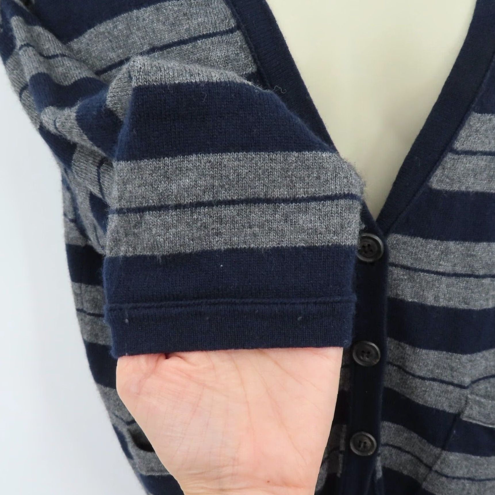 MZ Wallace Wallace Cardigan Sweater Women Small Gray Navy Striped V-Neck Button Wool Cashmere Knit Long Sleeve Regular Fit Size S / US 4 / IT 40 - 3 Thumbnail