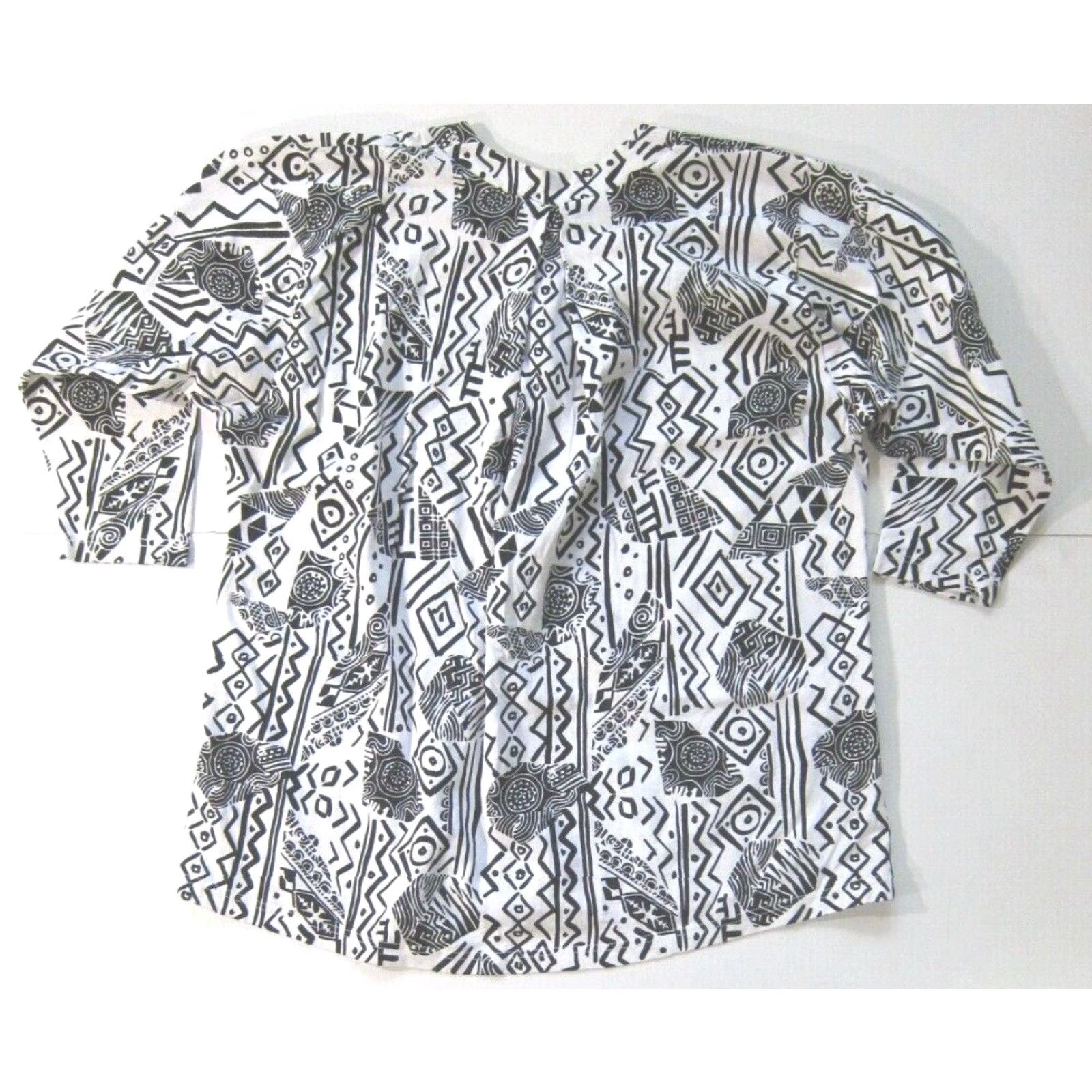 Vintage Mishi Blazer Jacket Women OS Pocket Button Down 100% Cotton White Black Abstract Vintage Geometric Casual Business Formal 80s 90s Size ONE SIZE - 2 Thumbnail