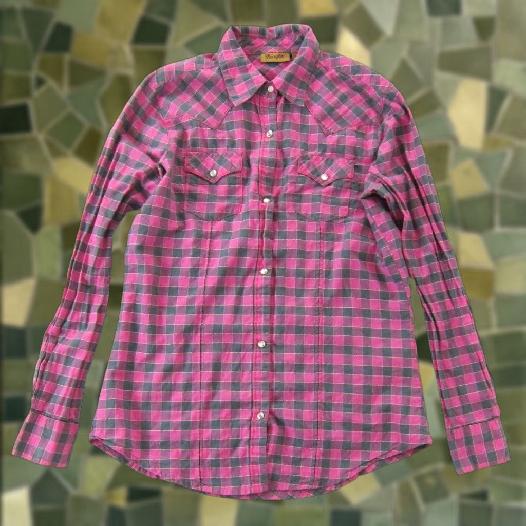 Wrangler Wrangler Cotton Blouse Shirt Pink Grey Gold Plaid Diamond Snap Collar Long Sleeve S Womens Size S / US 4 / IT 40 - 1 Thumbnail