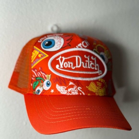 Designer × Von Dutch NWT VON DUTCH ORANGE JAX ALL OVER PRINT TRUCKER HAT CAP Size ONE SIZE - 5 Thumbnail