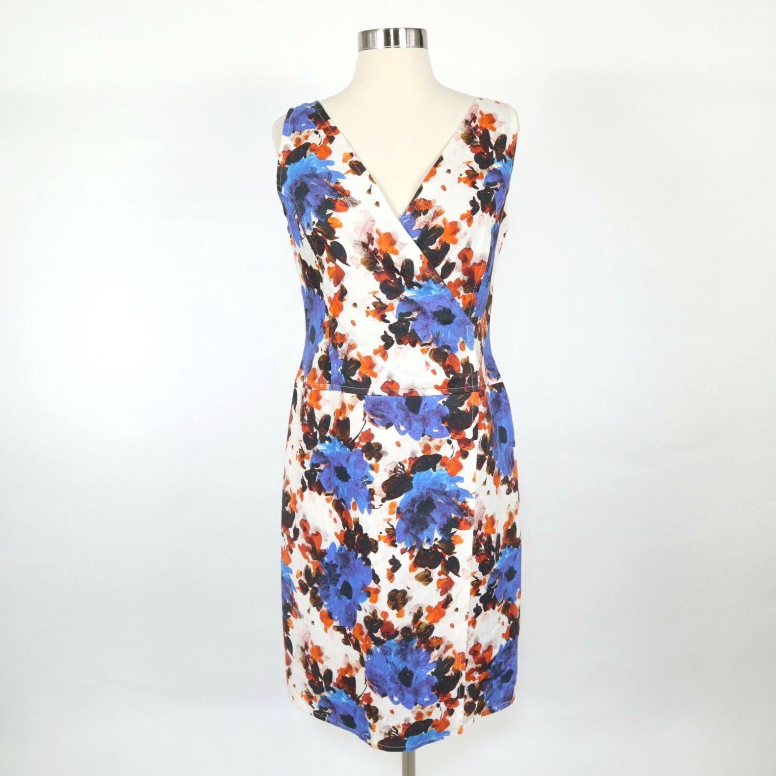 image of Vintage Roberto Torretta Sheath Dress Linen 4 Sleeveless Floral Ivory Blue Orange V-Neck in White, 