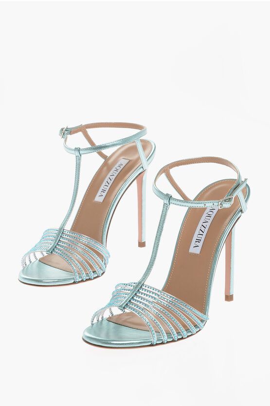 image of Aquazzura Metallic Leather Amore Mio Ankle-Strap Sandals With Rhinesto in Blue, Women's (Size 8)