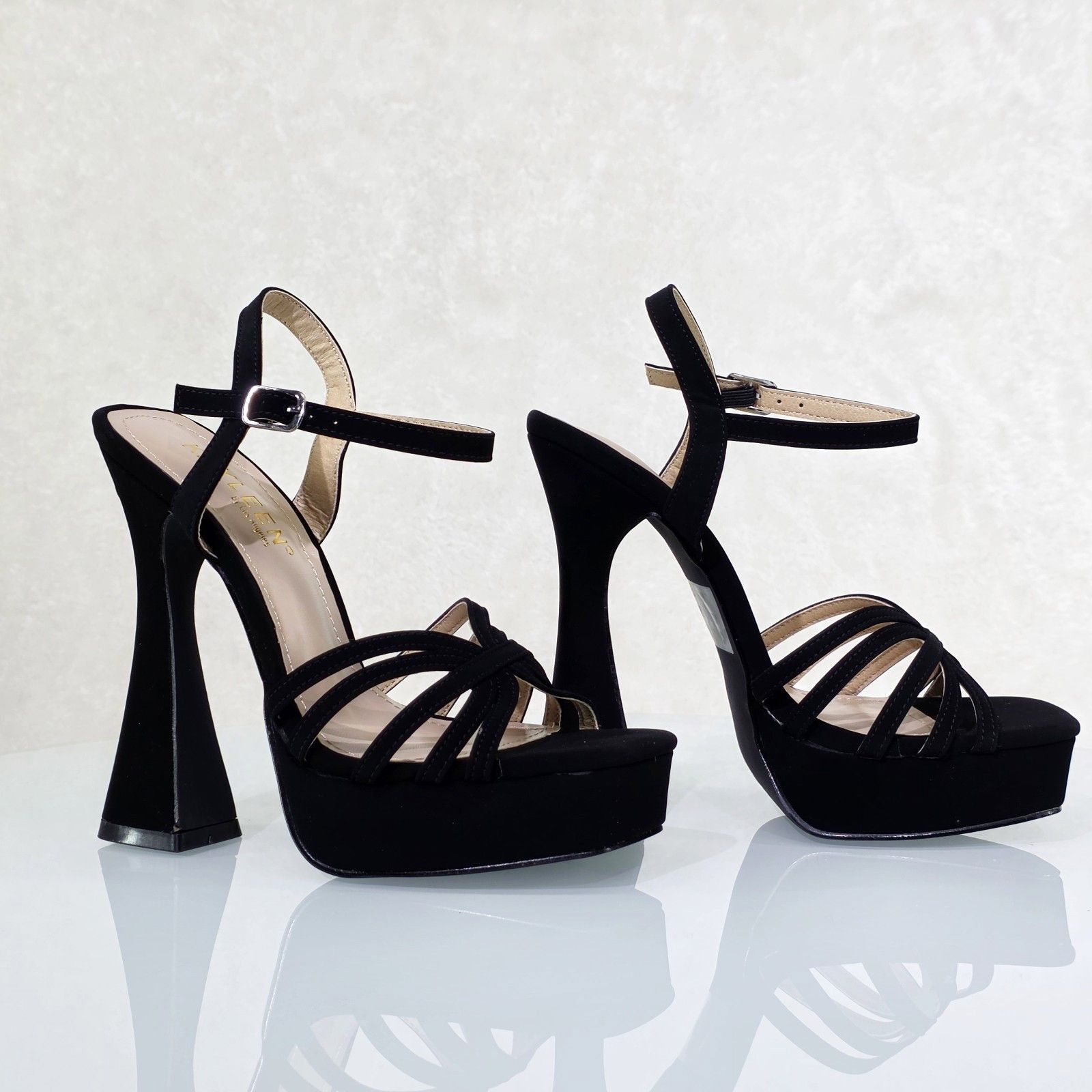 Other Posh Black Velvet Spool High Heels Ankle Strap Open Toe Sand Size US 6 / IT 36 - 4 Thumbnail