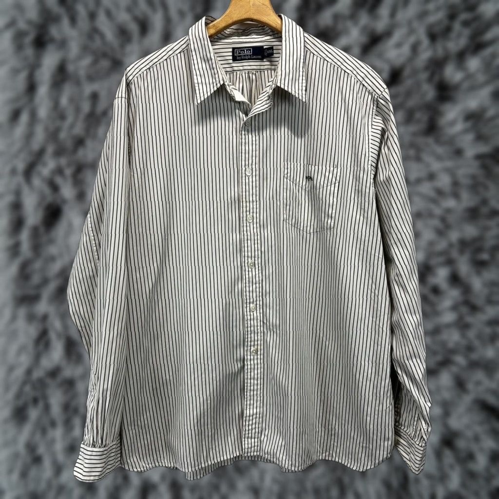 Polo Ralph Lauren VINTAGE Polo Ralph Lauren Shirt 2XL Striped Button-Up Long Sleeve Men White Black Monogram 90s Classic 54in Chest Size US XXL / EU 58 / 5 - 1 Thumbnail