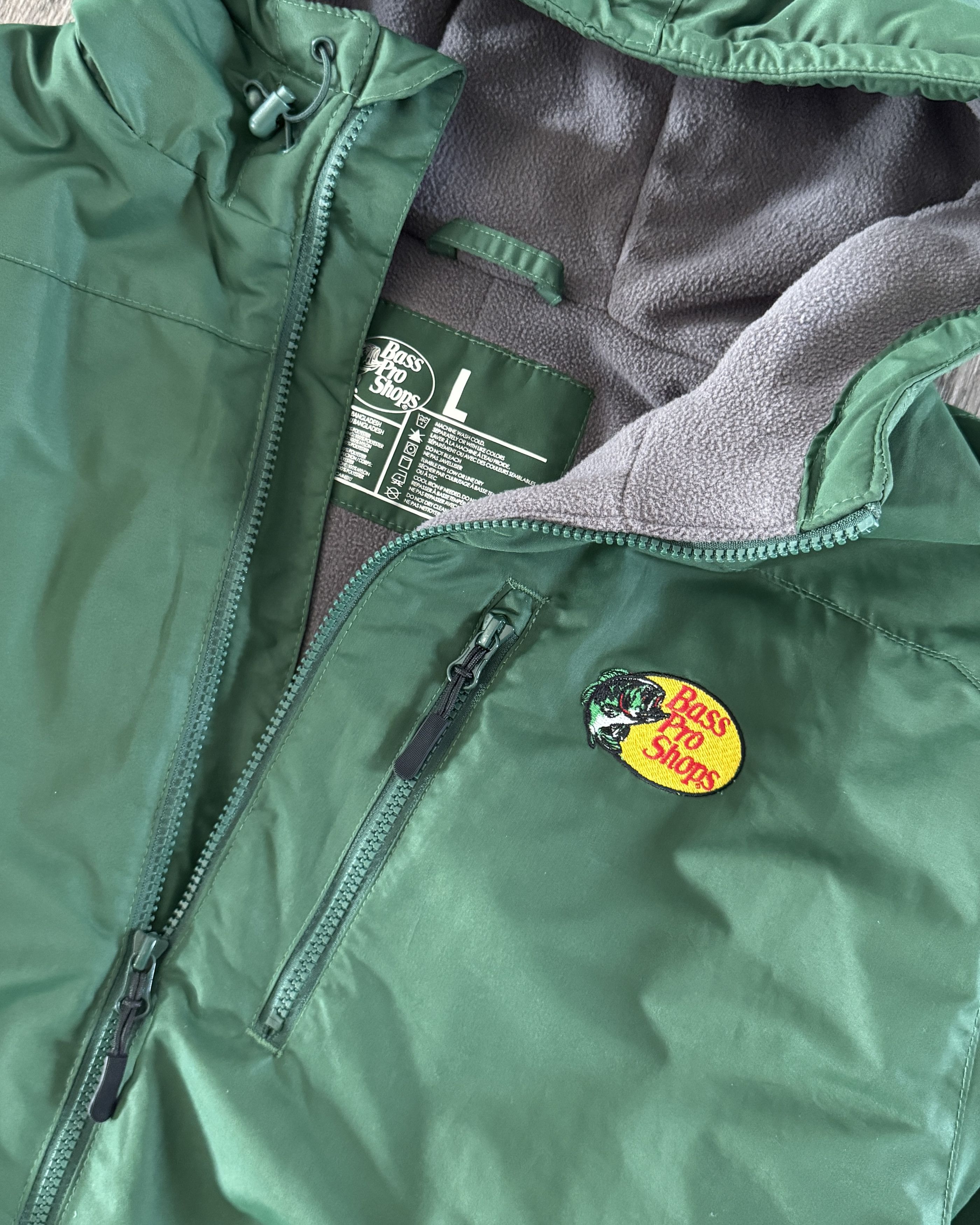 Bass Pro Shops Green Fleece Lined Hooded Wind Jacket Size US L / EU 52-54 / 3 - 2 Thumbnail