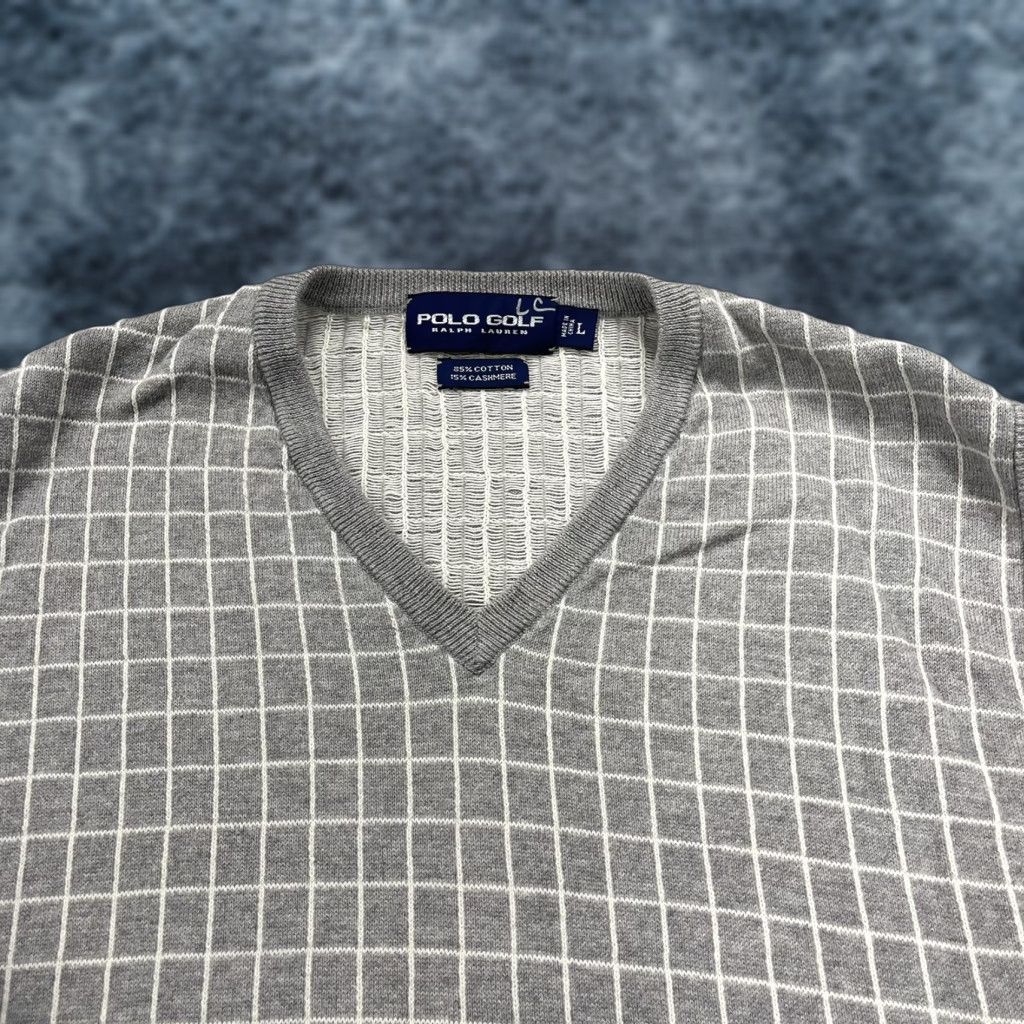 Polo Ralph Lauren VINTAGE Polo Ralph Lauren Golf Sweater Vest Mens Large Gray Check Knit V-Neck Cashmere Cotton Size US L / EU 52-54 / 3 - 1 Thumbnail