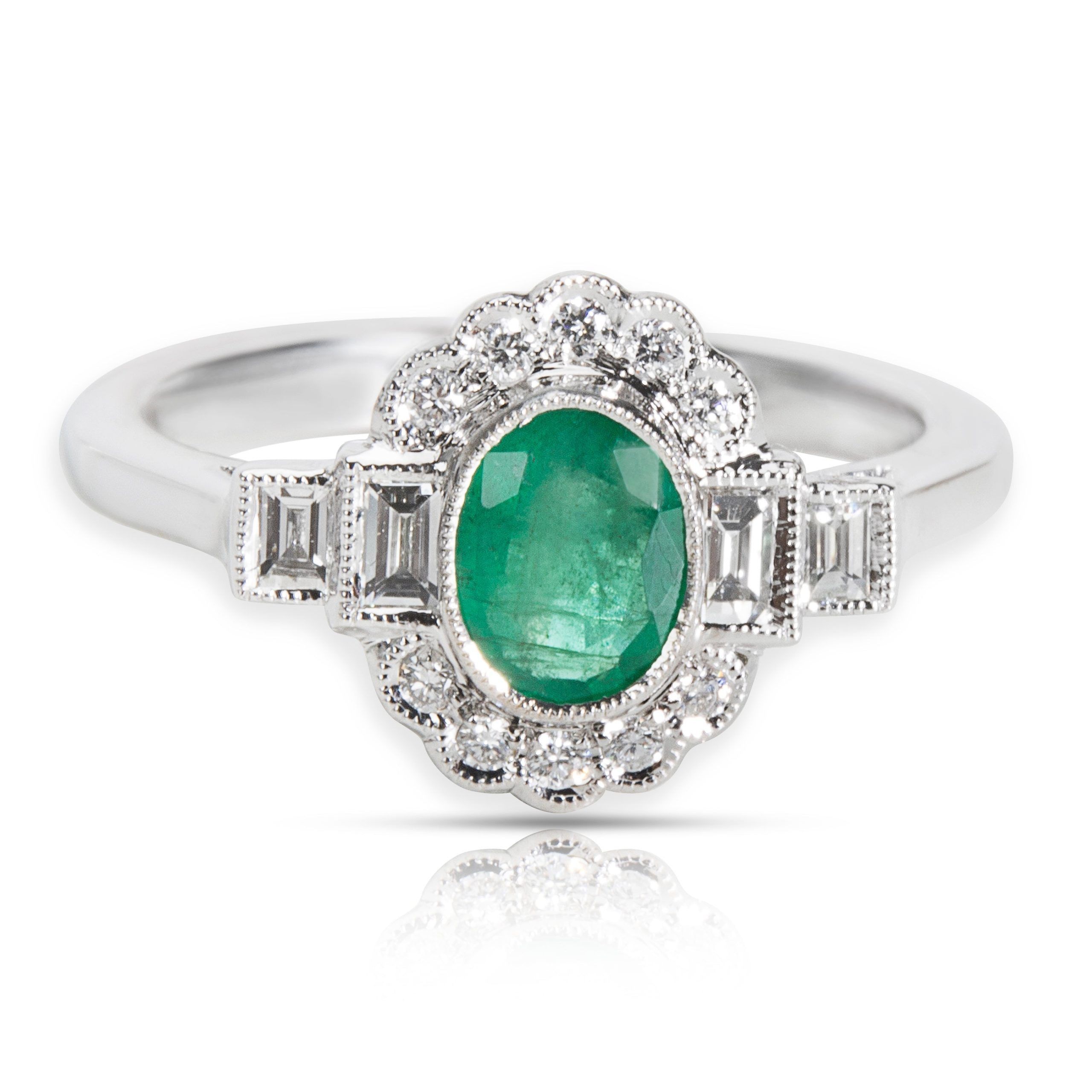 image of Tiffany Co Diamond & Emerald Vintage Ring In 18K White Gold (0.30 Ctw), Women's