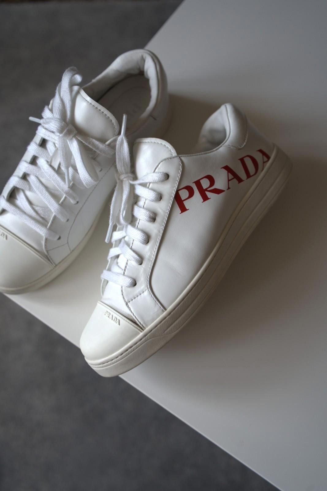 Prada Prada Logo Leather Low Sneakers White / Red Women US8.5 Size US 8.5 / IT 38.5 - 8 Thumbnail