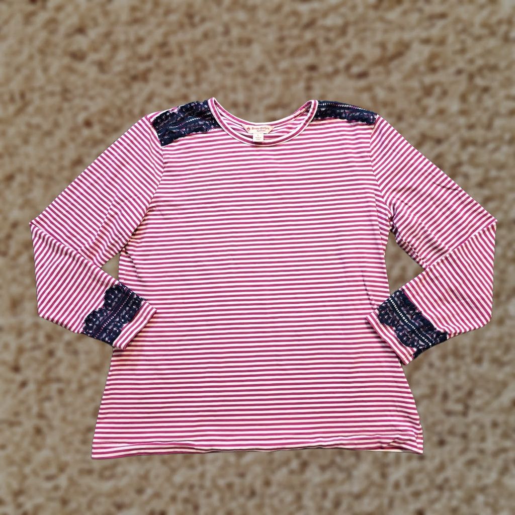 Brooks Brothers Brooks Brothers Top Women Large Pink Stripe Blue Lace Long Sleeve Stretch Casual Blouse Size L / US 10 / IT 46 - 1 Thumbnail