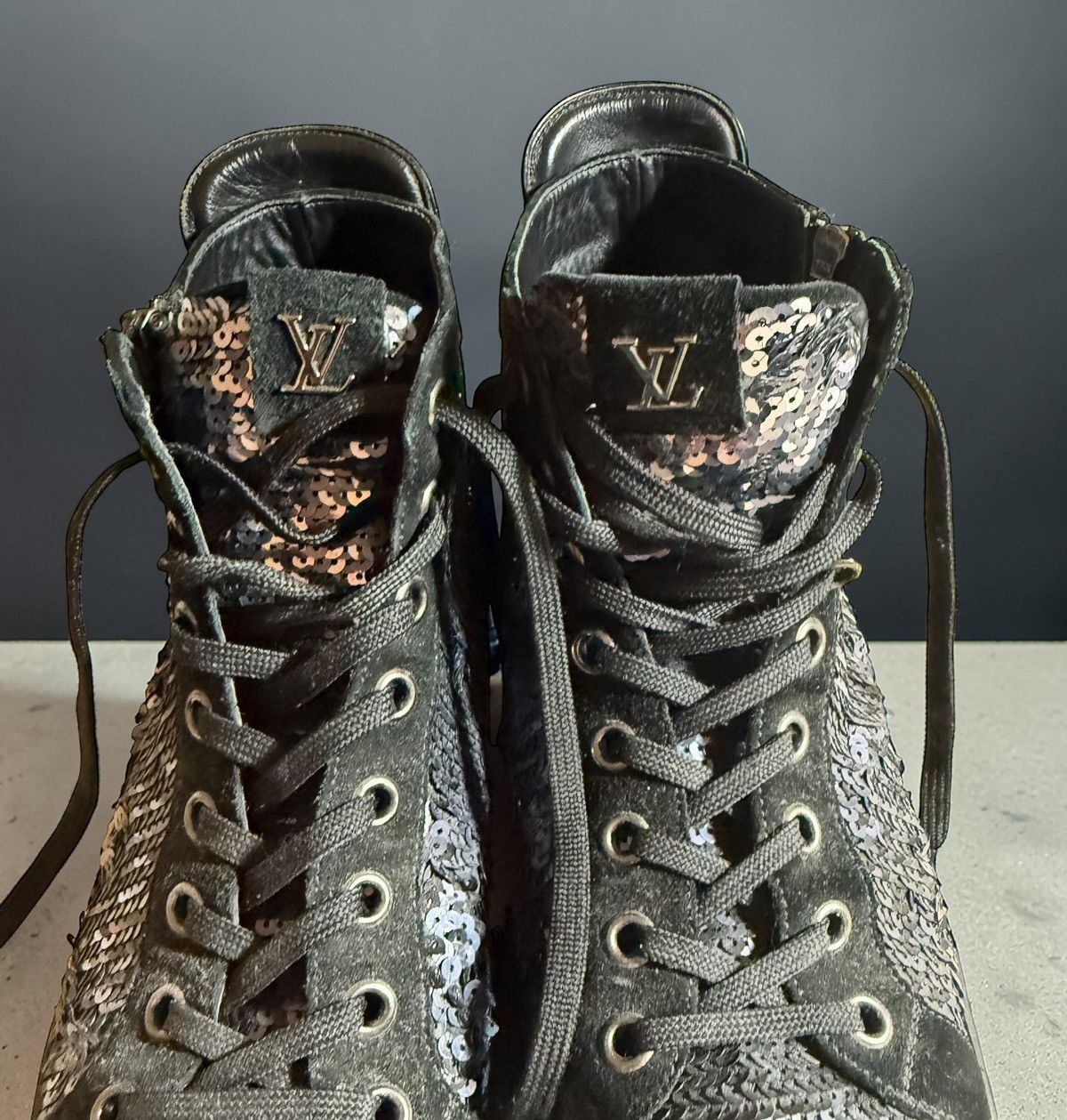 Louis Vuitton Louis Vuitton Sequin High-Top Sneakers Black Suede LV Rare Size US 9.5 / EU 42-43 - 3 Thumbnail