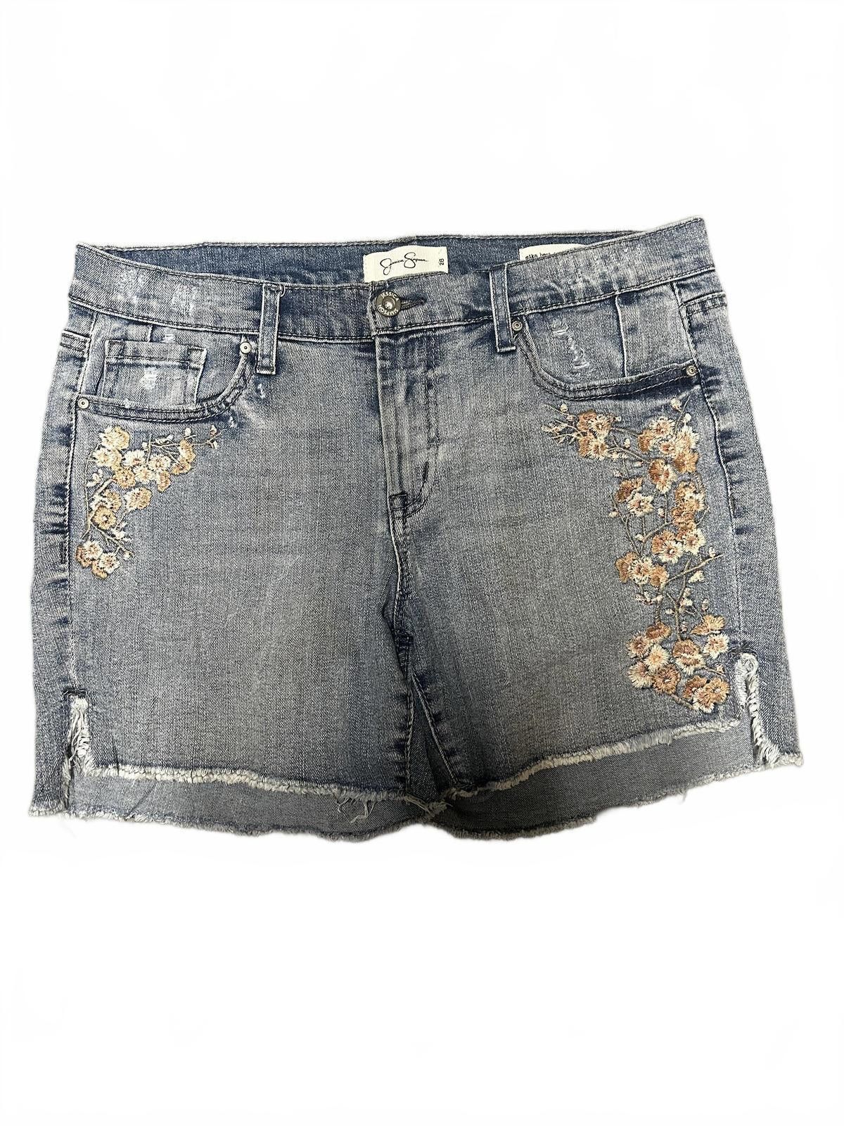 Designer Stylish Distressed Denim Shorts with Floral Embroidery Size 28" / US 6 / IT 42 - 1 Thumbnail