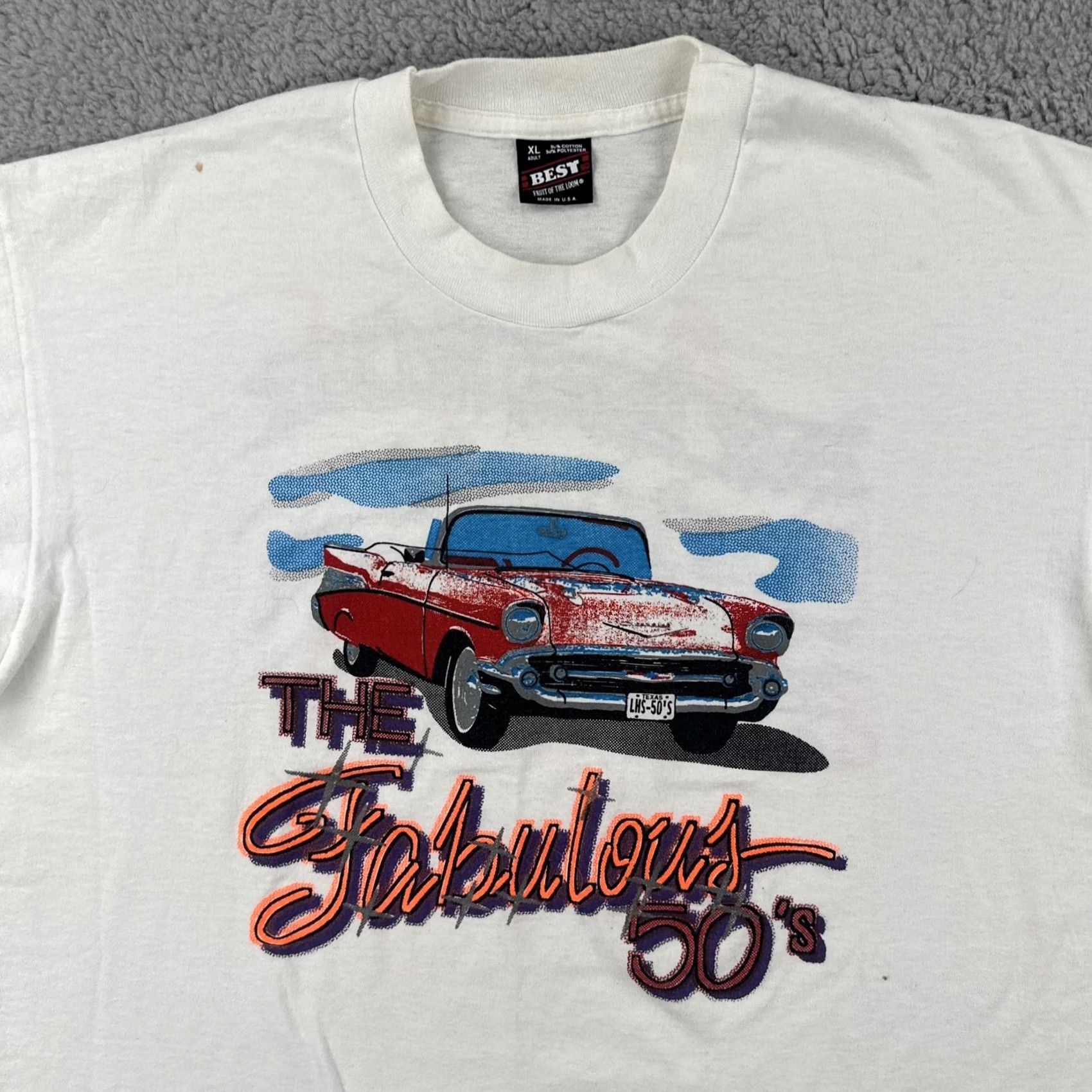 Fruit Of The Loom VINTAGE Fruit of the Loom Best Mens XL Single Stitch White Graphic Print Car T Shirt Size US XL / EU 56 / 4 - 6 Thumbnail