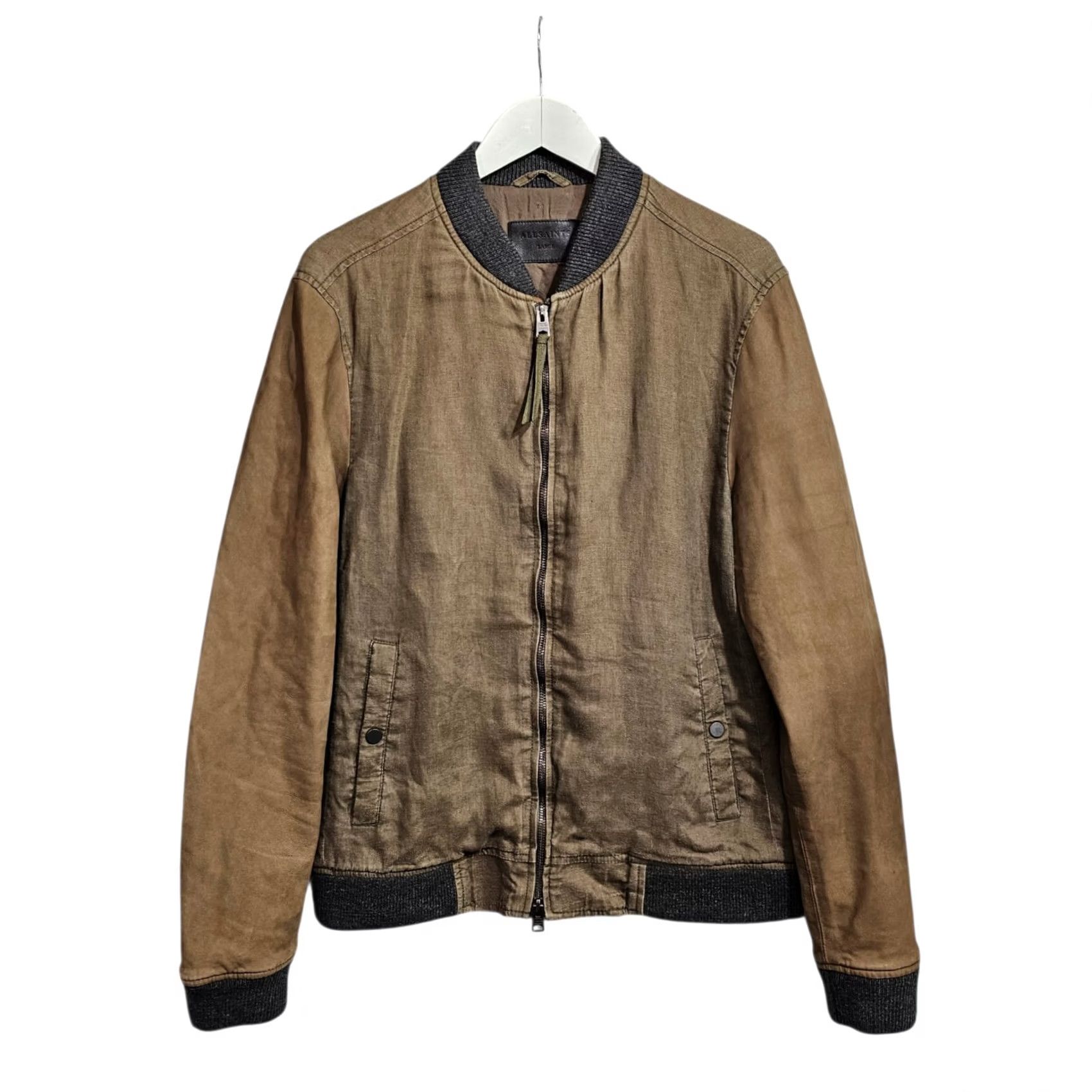 Allsaints AllSaints Mens Jacket Khaki Green Large Lightweight Bomber Linen Leather Casual Zip Boxson Size US L / EU 52-54 / 3 - 2 Thumbnail