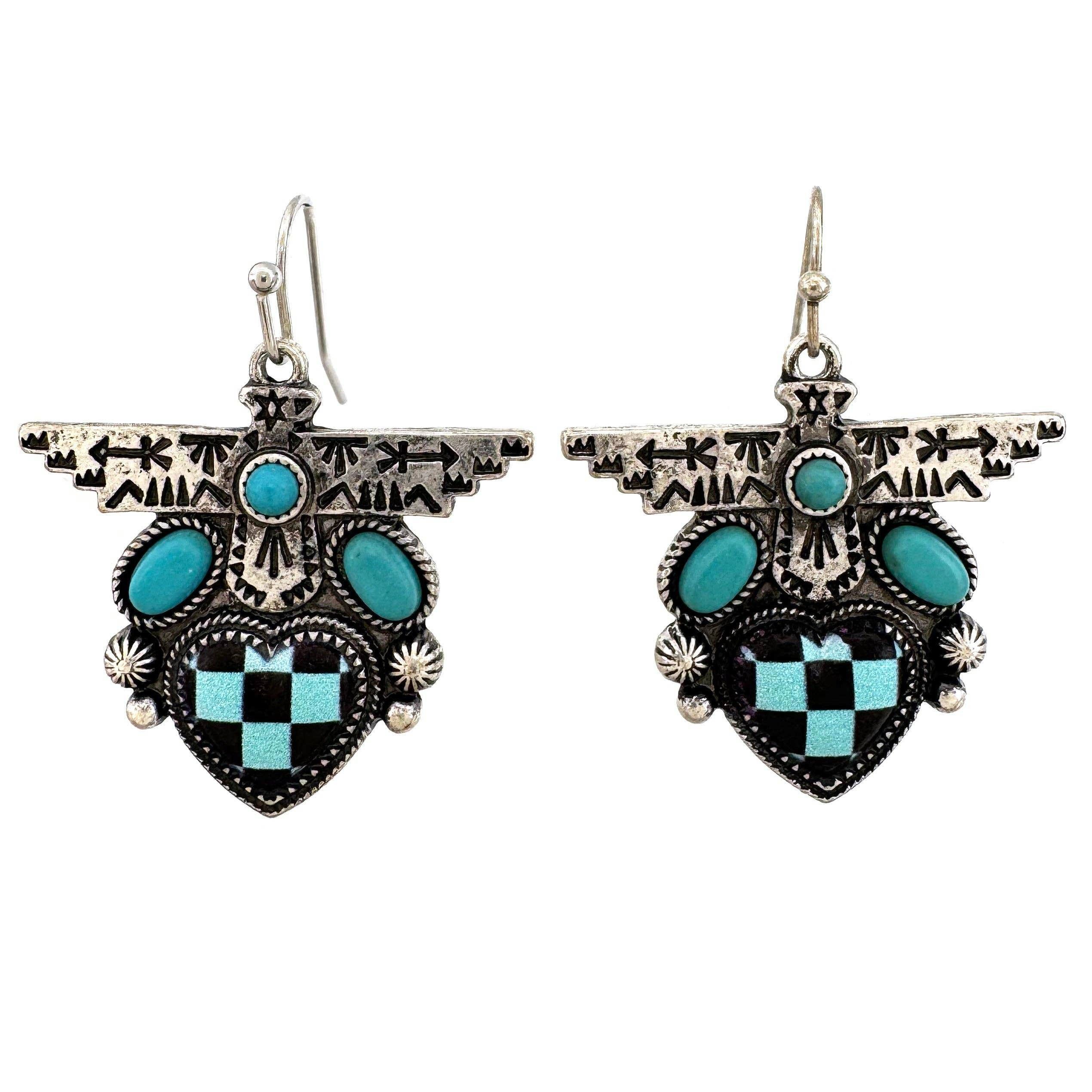 Other Boho Turquoise Thunderbird Earrings, Stylish Checkered Desig Size ONE SIZE - 6 Thumbnail