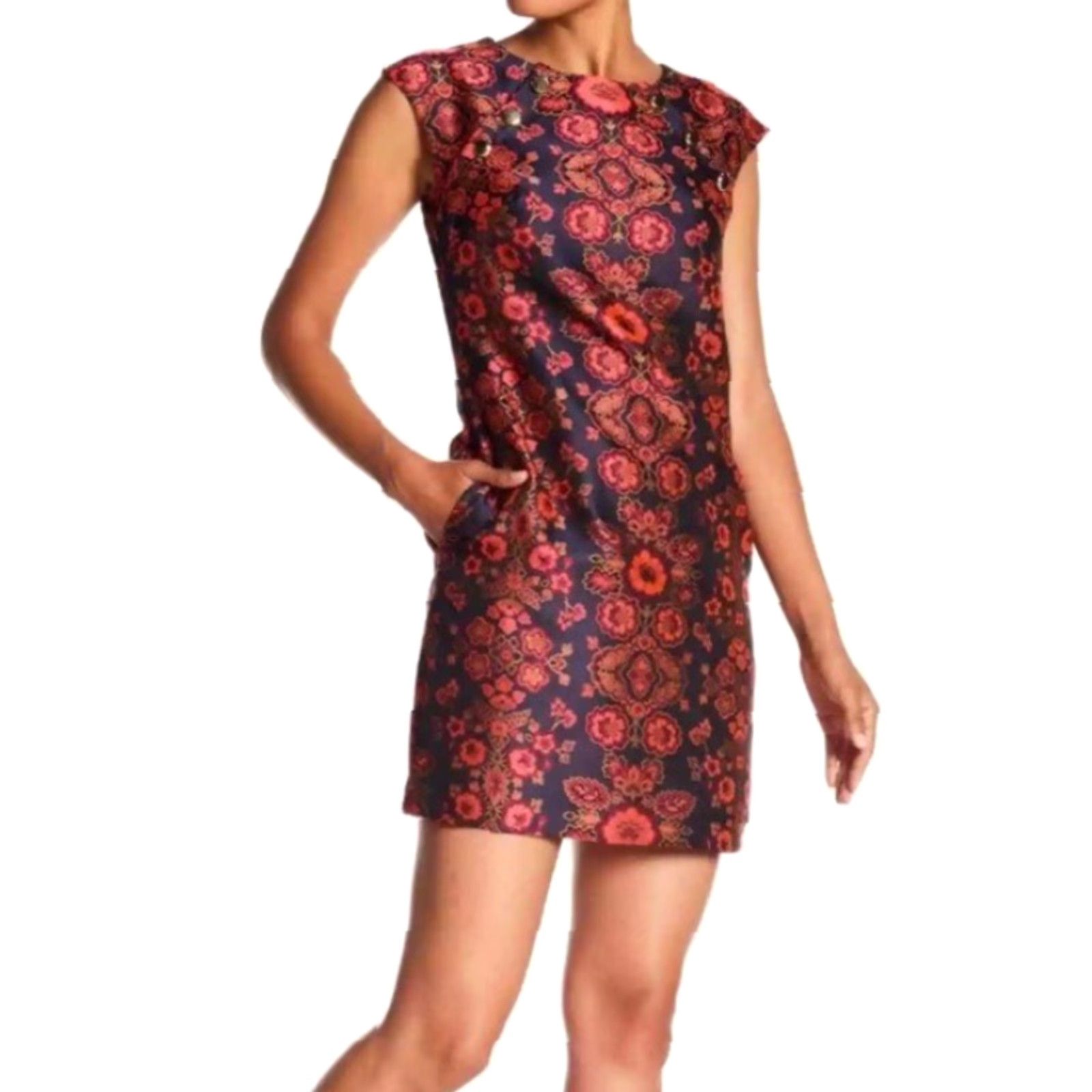 Trina Turk Trina Turk Angelou Sierra Primrose Jacquard Shift Dress Sz 4 Red Floral Sleeveless Zip Crew Neck Mini Sheath 60s Vintage No Women Size S / US 4 / IT 40 - 2 Thumbnail