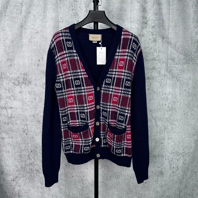 Gucci Plaid Pattern Color Block Cardigan Sweater- DMC