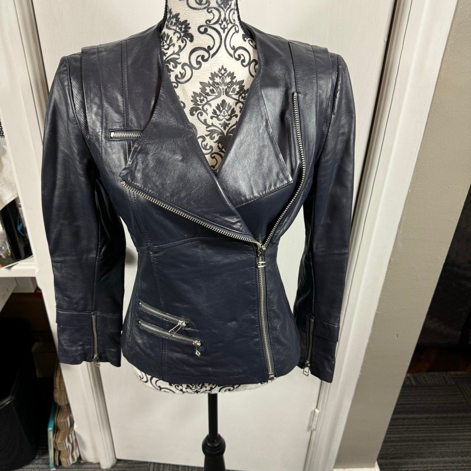 Other Philippe Adec navy blue 100% leather moto jacket size 4 Size S / US 4 / IT 40 - 1 Thumbnail