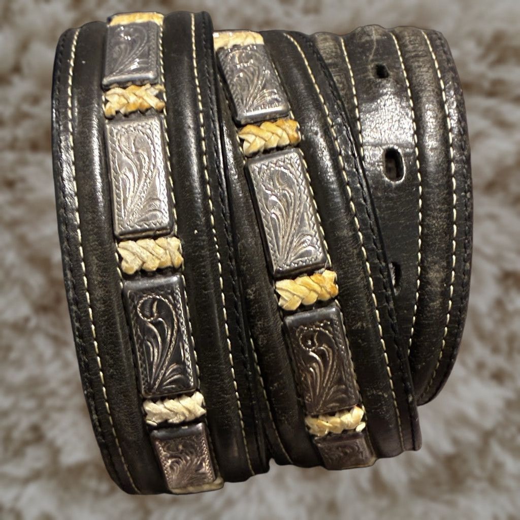 VINTAGE Justin Western Belt Multicolor Leather Sz 40 Men’s Cowhide Top Grain Silver Tone USA Cowboy Belt