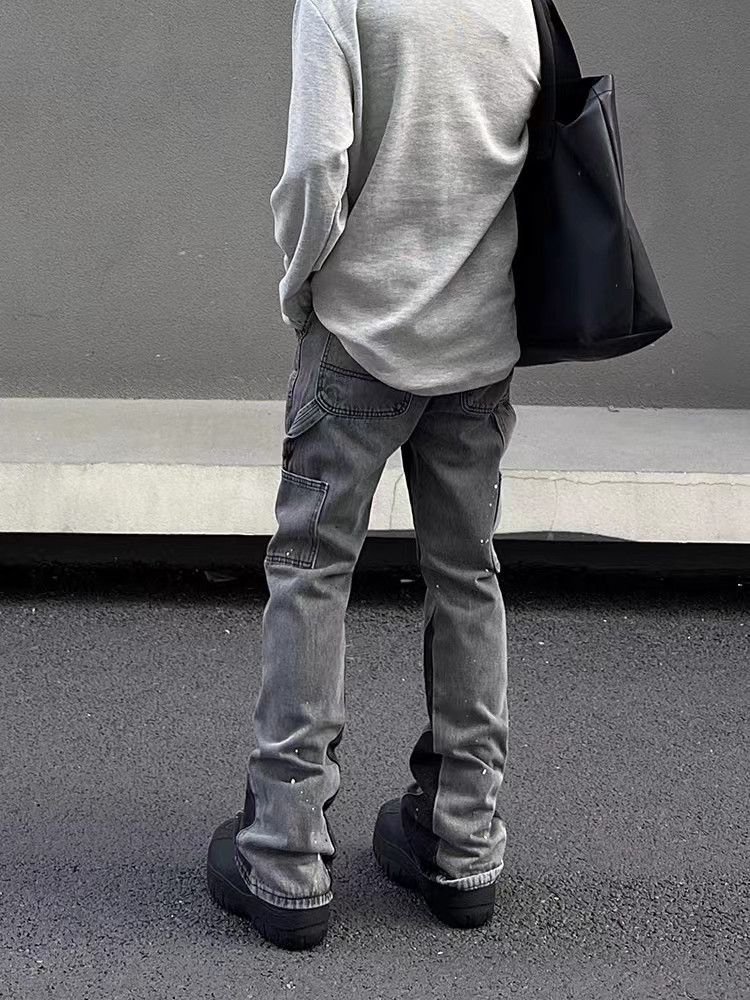 Retro splashed-in micro-flare washed distressed jeans