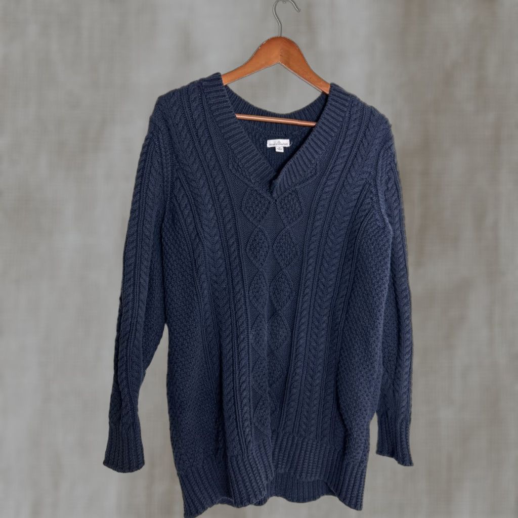 VINTAGE L.L. Bean Fisherman Sweater Blue M V-Neck Pullover Knit Flaw 505131