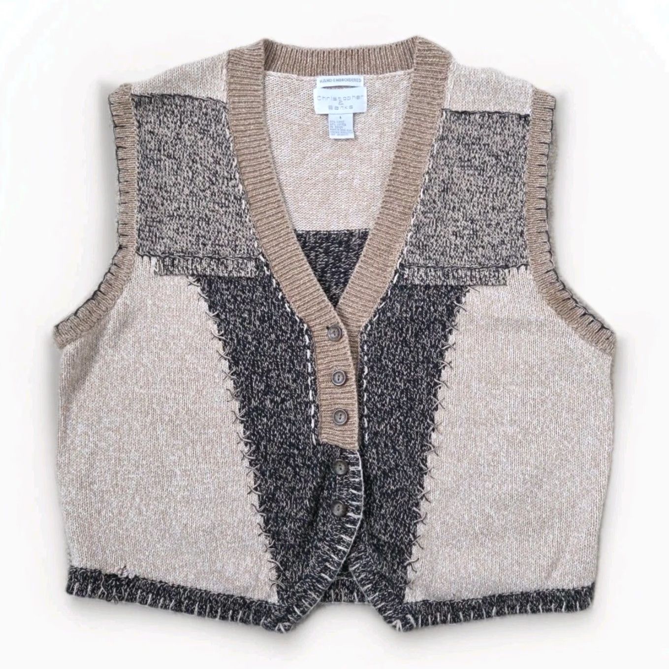 Vintage VINTAGE Patchwork Embroidered Knit Cardigan Sweater Vest Womens Large Beige Size L / US 10 / IT 46 - 2 Thumbnail