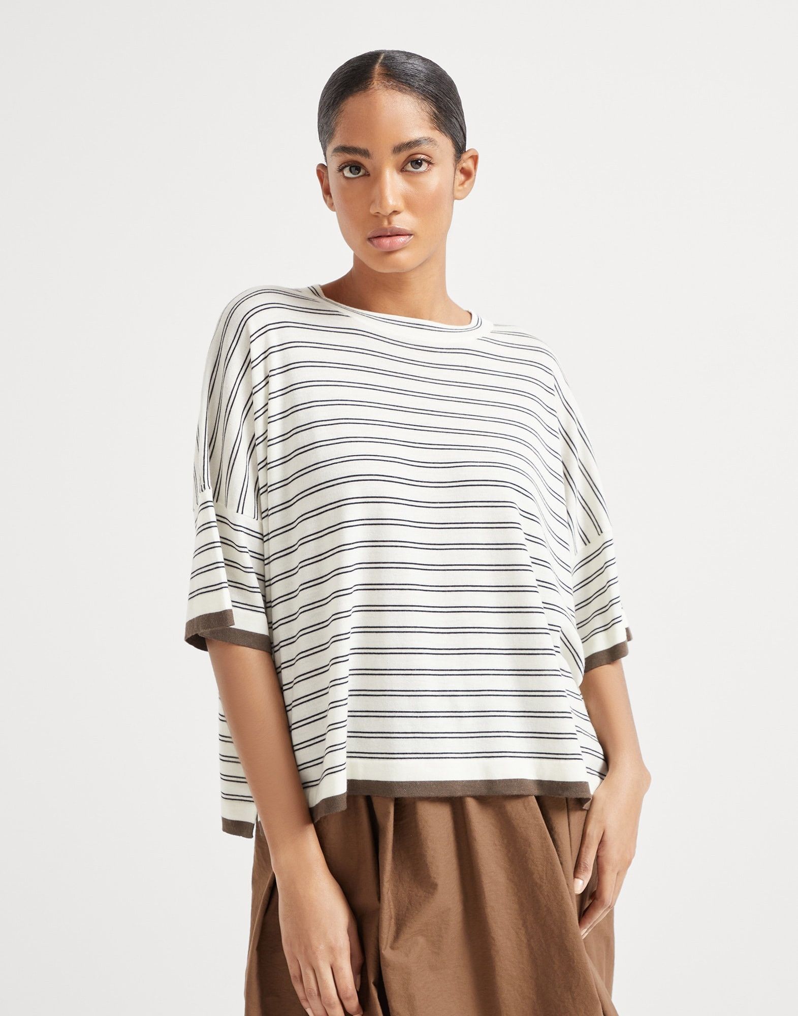 Brunello Cucinelli o1la1rc1a0326 Striped Lightweight Knit T-Shirt in Multicolor Size M / US 6-8 / IT 42-44 - 1 Thumbnail