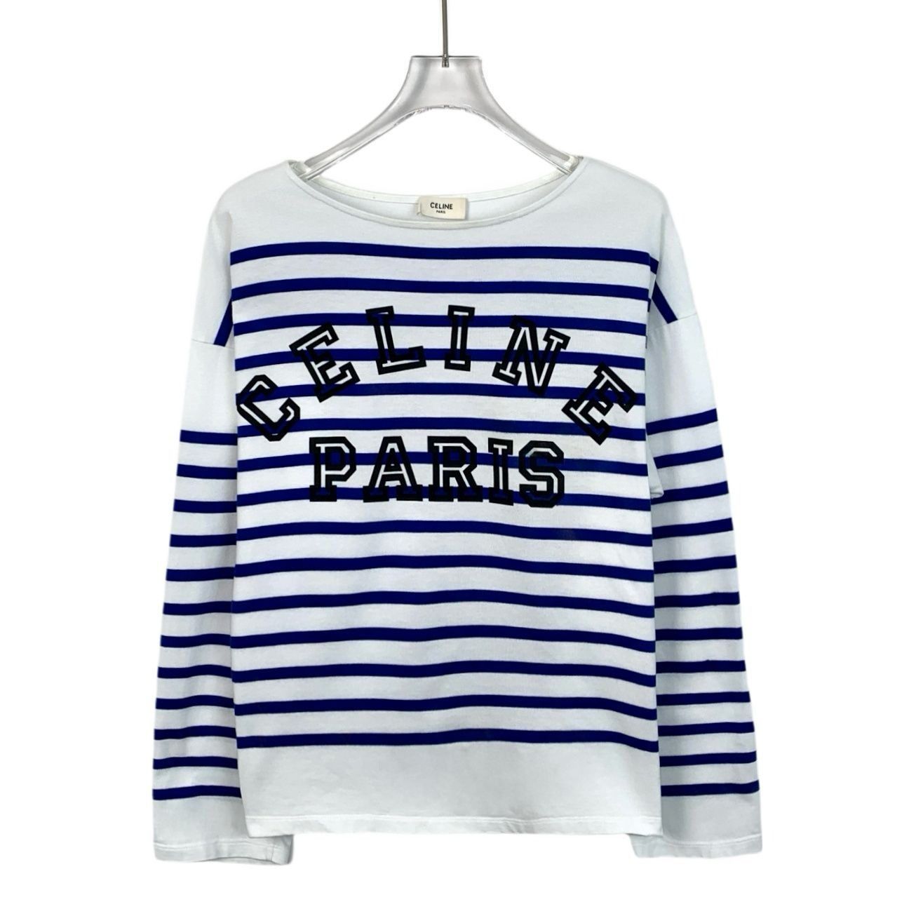 Celine Celine Paris White & Blue Striped Logo Long Sleeve Cotton T- Size S / US 4 / IT 40 - 1 Thumbnail