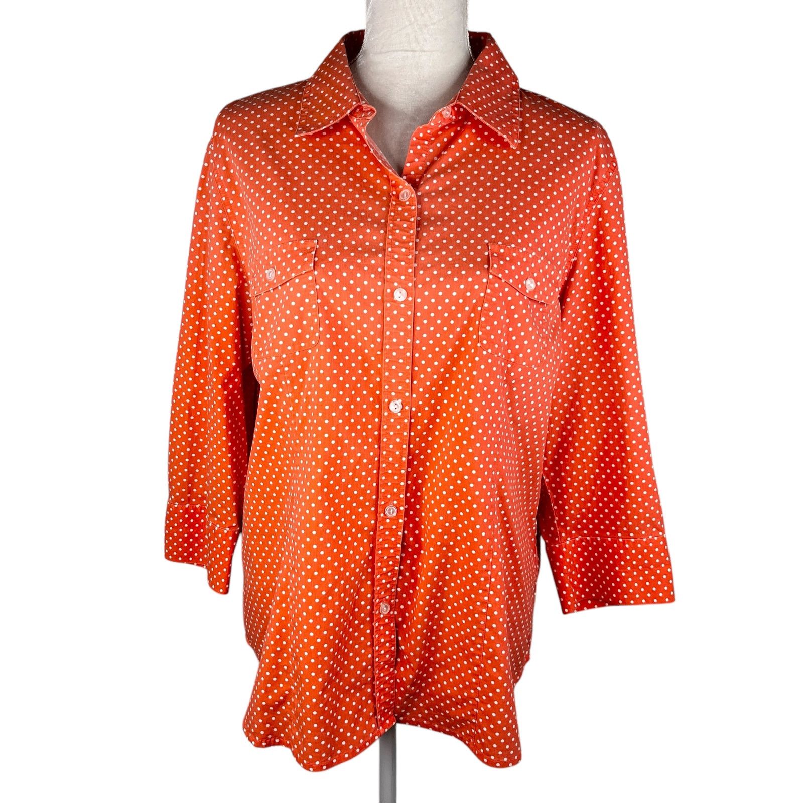 Chicos Chico's Button Down Blouse Orange White Polka Dots XL/16 Size XXL / US 16-18 / IT 52-54 - 2 Thumbnail