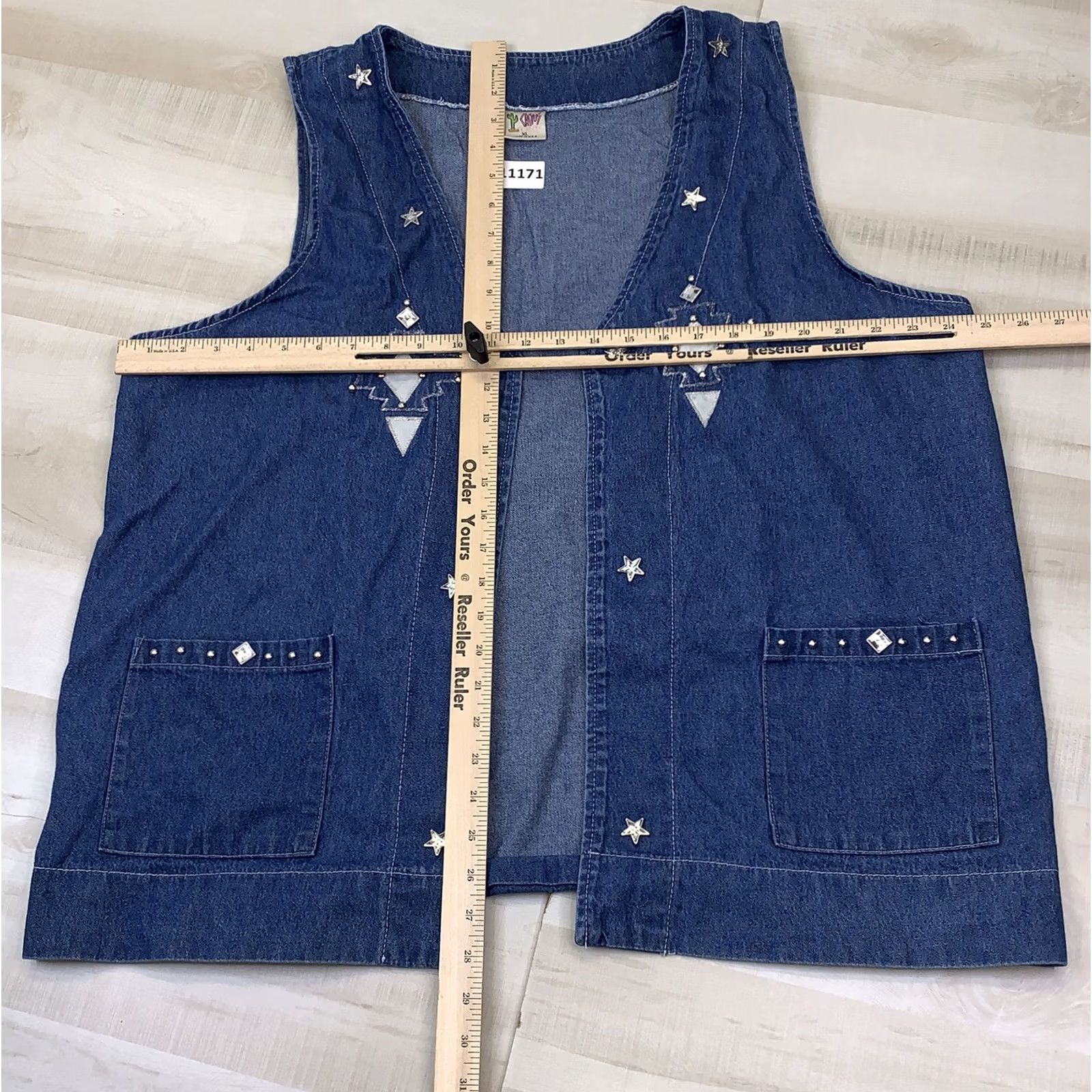 Denime VINTAGE Womens Vest Western Denim XL Blue Embroidered Rhinestone Aztec Style Cactus California Size XL / US 12-14 / IT 48-50 - 2 Thumbnail