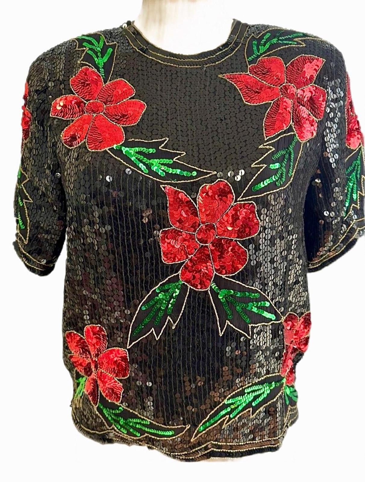 Other Sequin Top Black with Red Flowers size 12 Size XL / US 12-14 / IT 48-50 - 1 Thumbnail
