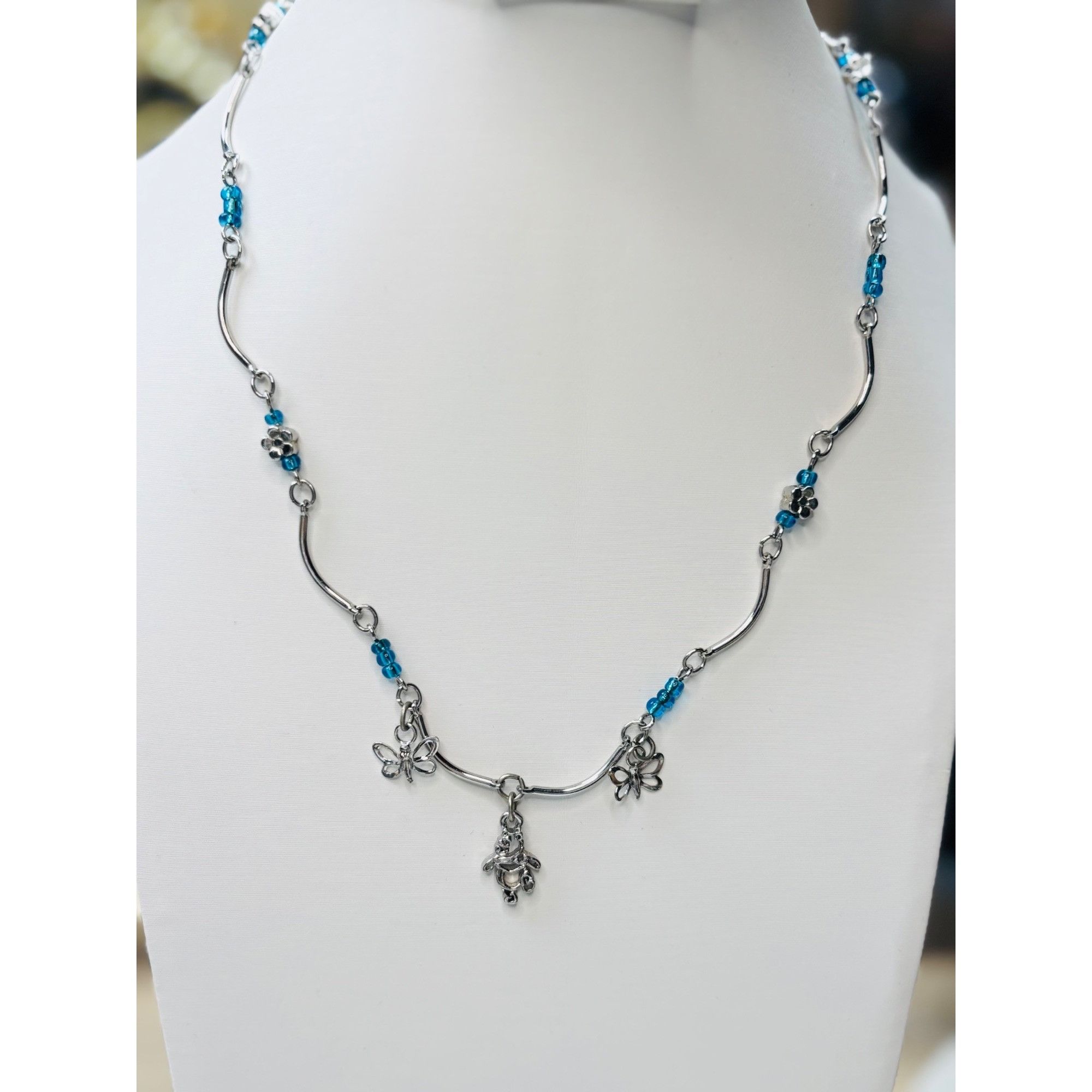 Other Butterfly & Bear Charm Silver Necklace With Blue Beads Size ONE SIZE - 1 Thumbnail