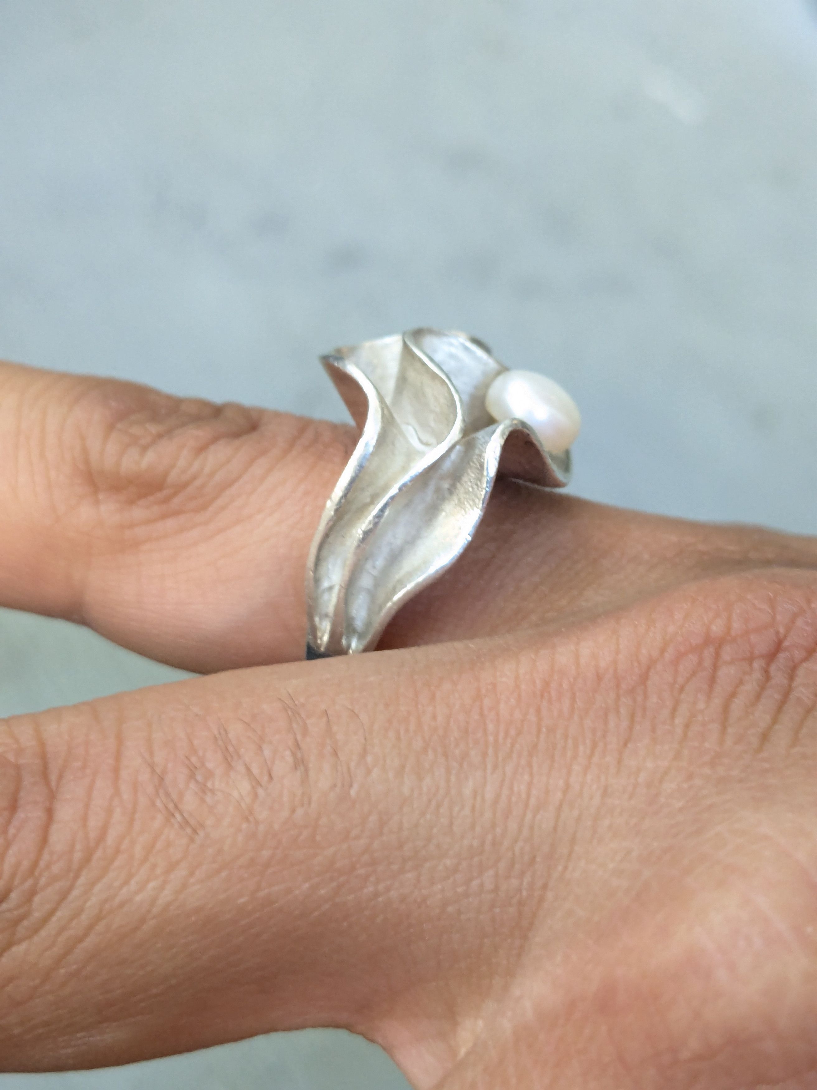 Other Vintage Sterling Silver Ring Pearl 7.5 Modern Abstract Size ONE SIZE - 13 Thumbnail