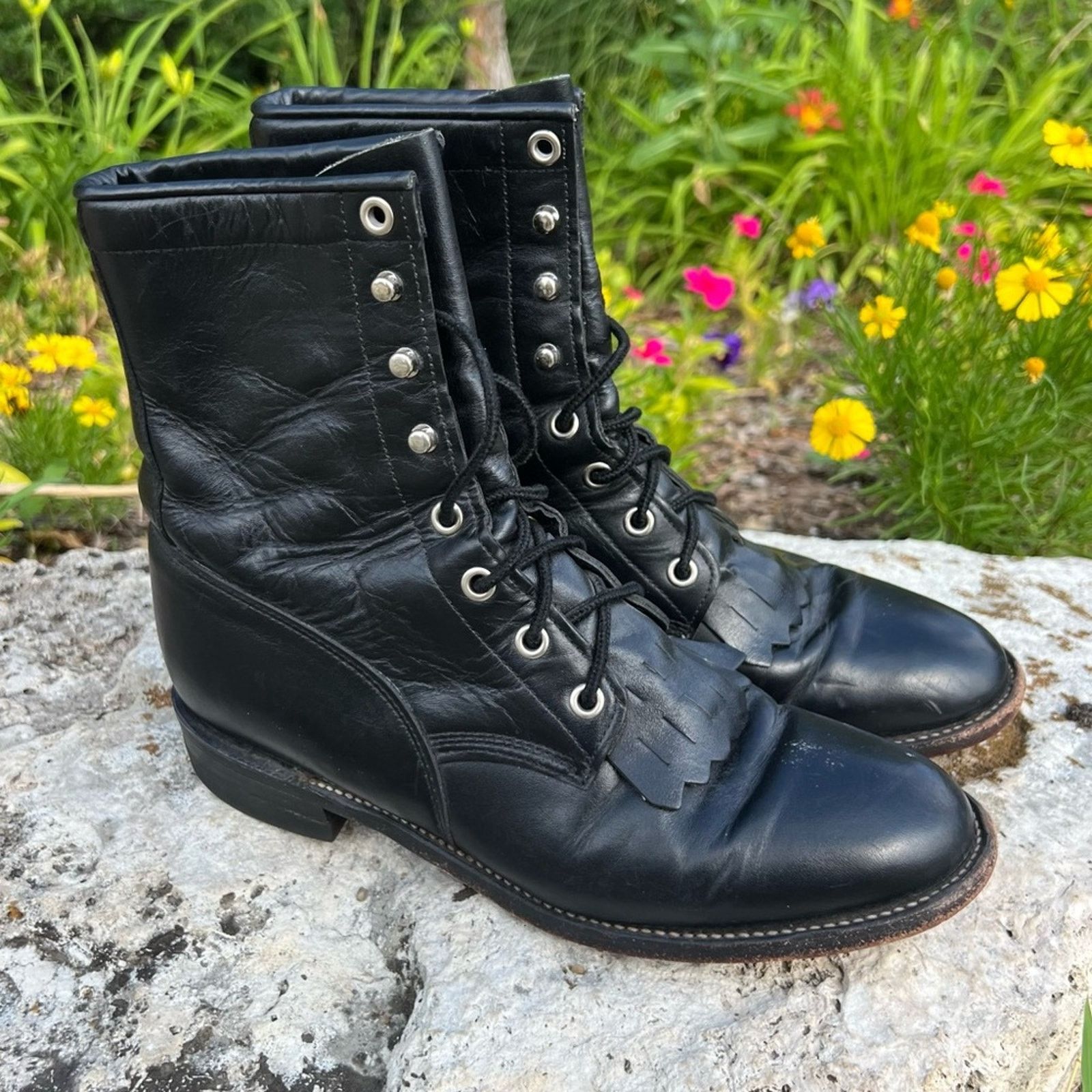 Vintage 90s Justin Roper Black Lace Up Kilte Cowgirl Boots