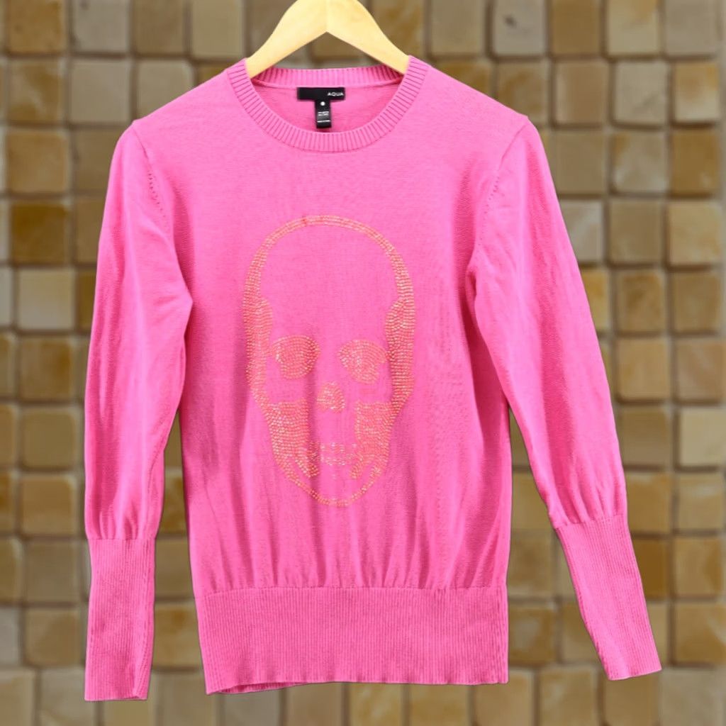AQUA Aqua Shirt Women’s Sweater L Pink Rhinestone Skull Print Cotton Blend Knit Crew Neck Long Sleeve Pullover All Seasons Gothic Colorful Size L / US 10 / IT 46 - 1 Thumbnail