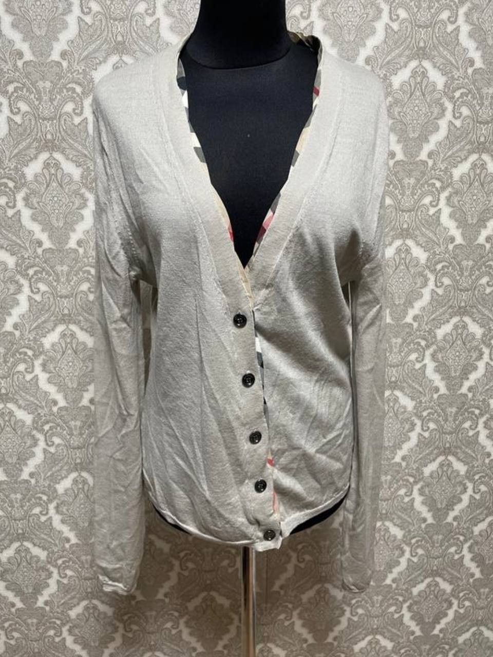 image of Burberry Brit Cardigan Tan Taupe Merino Wool Nova Check in Beige, Women's (Size XL)