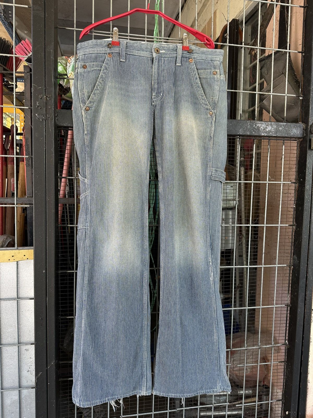 Vintage 👹THRASHED United Work Baggy Blue Striped Jeans Size US 35 - 7 Thumbnail