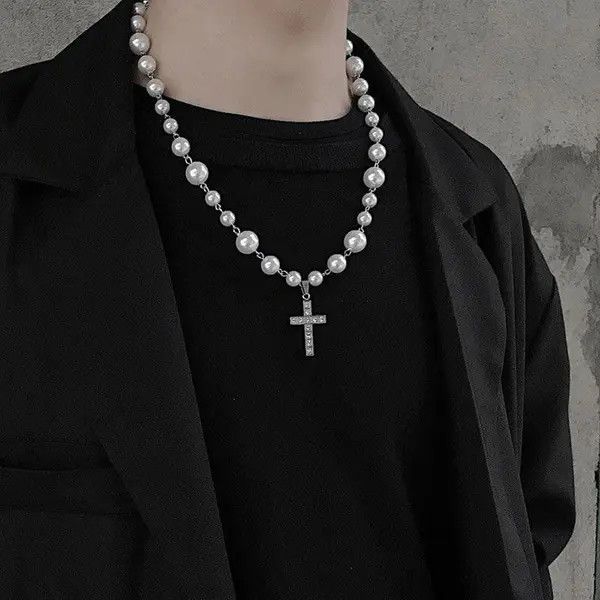 Jewelry Rhinestone Cross Pearl Pendant Necklace Size ONE SIZE - 2 Thumbnail