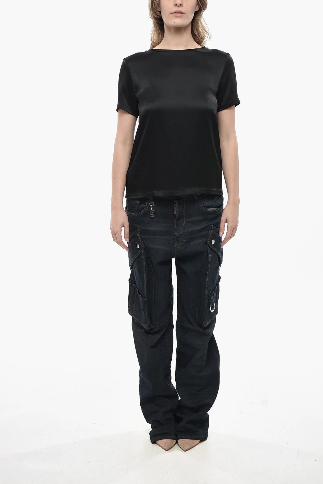 Max Mara og1mm0426 S Satin Crewneck Solid-Color T-Shirt in Black Size S / US 4 / IT 40 - 4 Thumbnail