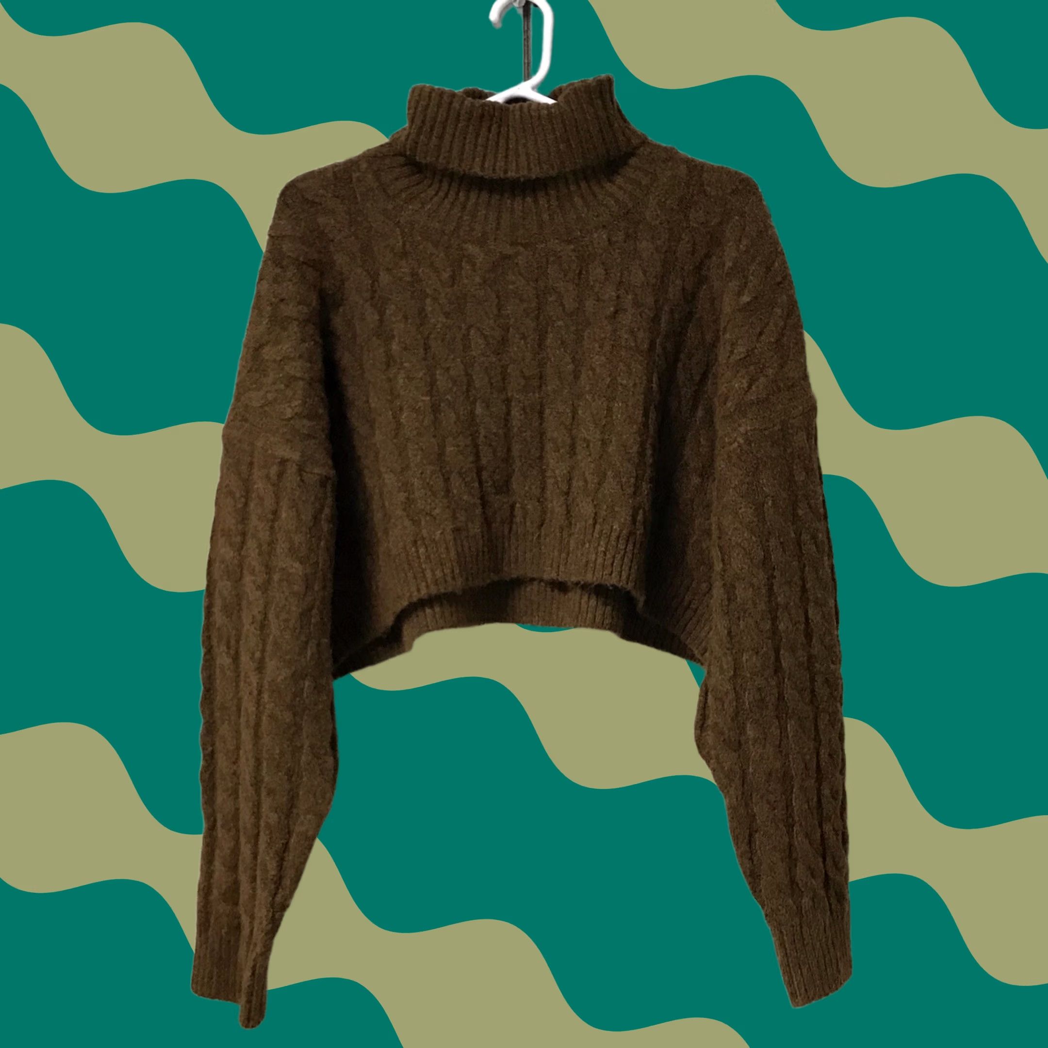Vintage Mimosa Women Cropped Turtleneck Sweater Saddle Brown Cable Knit S Pullover Slim Relaxed Knit Textured Shoulder Ribbed Womens Size S / US 4 / IT 40 - 1 Thumbnail