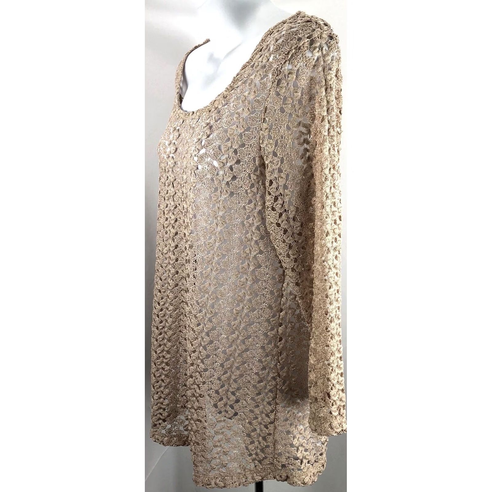 JM Collection JM Crochet Lace Top Tan 3/4 Sleeve Fairy Y2K Pullover Size L / US 10 / IT 46 - 2 Thumbnail