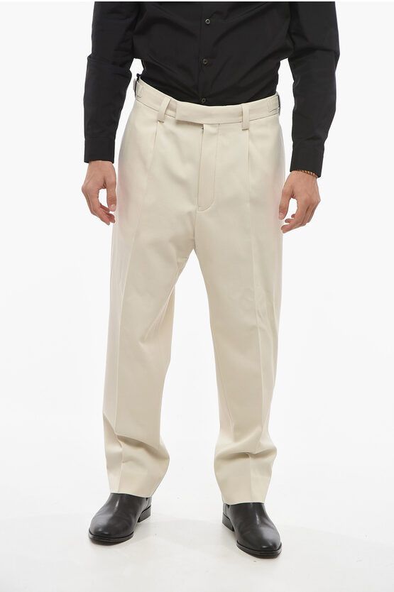 image of Ermenegildo Zegna Twill Cotton Blend Chinos Pants With Side Martingales in Beige, Men's (Size 33)