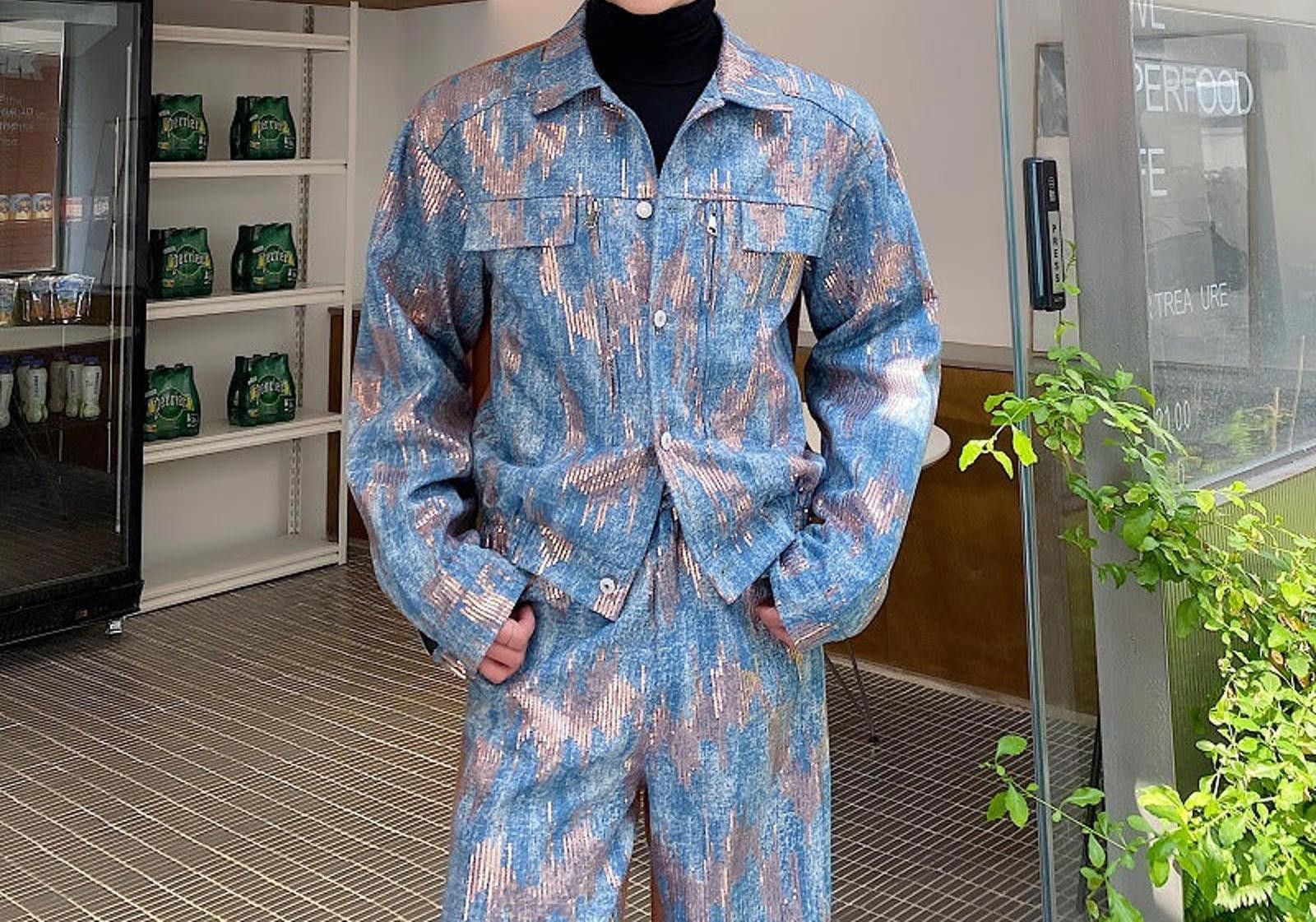 Japanese Brand Blue Patterned Wide Leg Denim Jacket and Pants Set Size US M / EU 48-50 / 2 - 2 Thumbnail