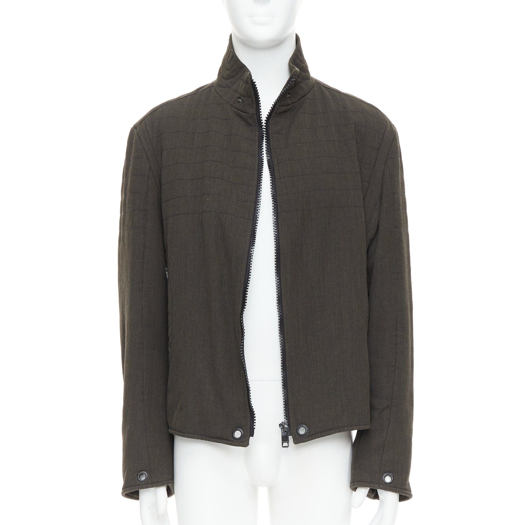 Burberry BURBERRY khaki green wool blend black zip overstitch biker jacket IT48 M Size US M / EU 48-50 / 2 - 1 Thumbnail