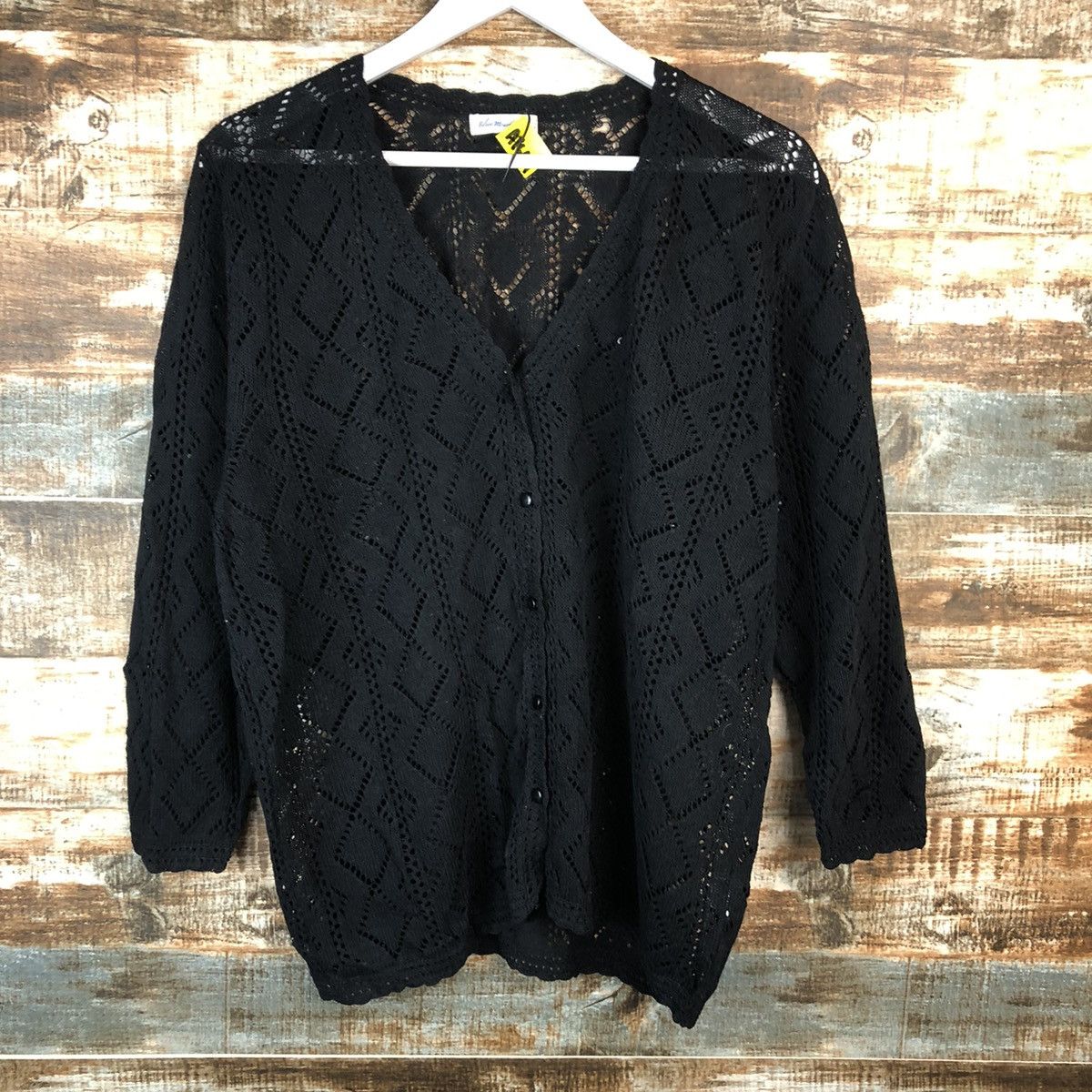 Homespun Knitwear × Japanese Brand Blue Mountain Black crochet meshnet Cardigan Knitwear #A1644 Size L / US 10 / IT 46 - 3 Thumbnail